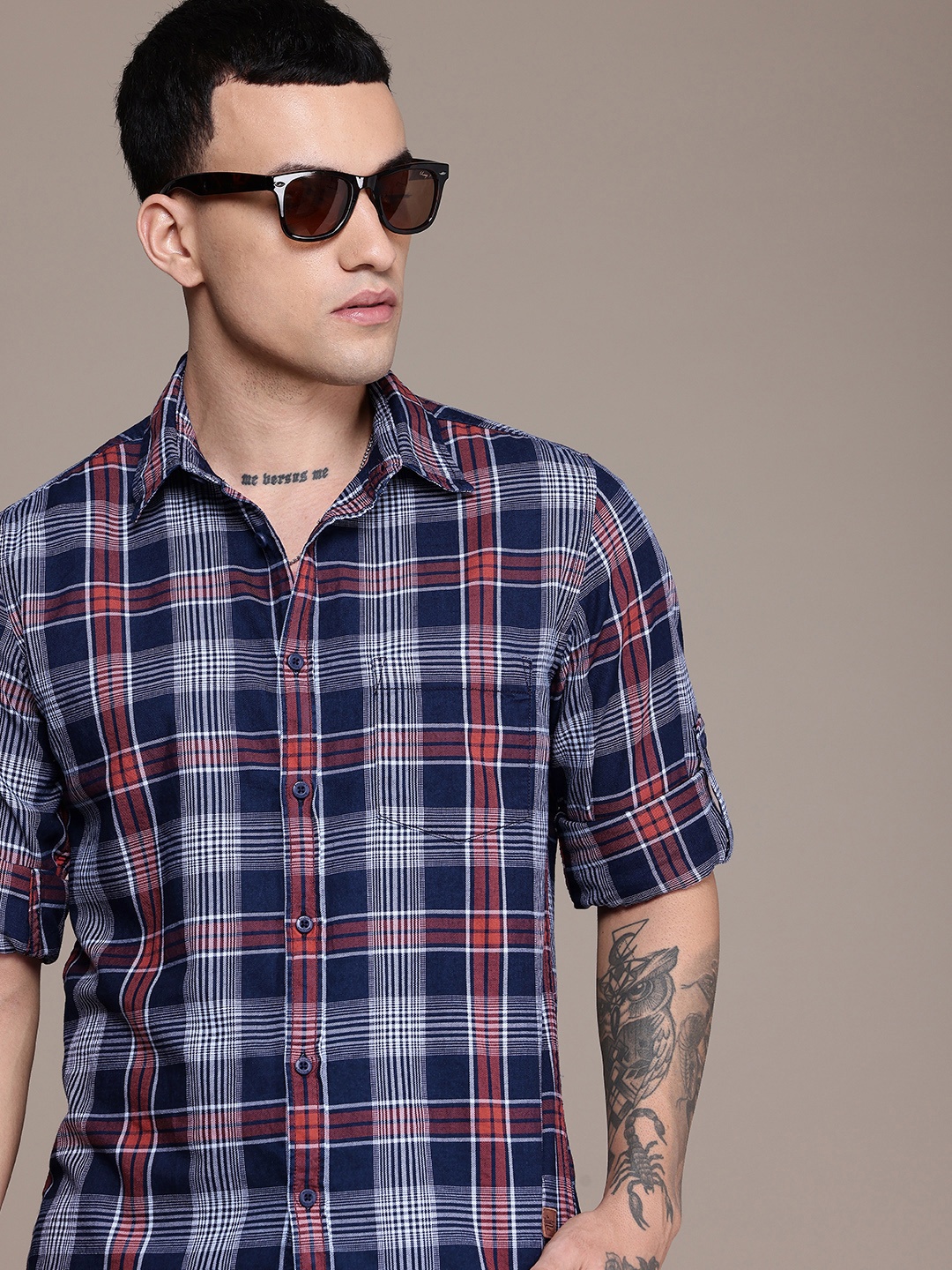 

The Roadster Life Co. Tartan Checked Pure Cotton Casual Shirt, Navy blue