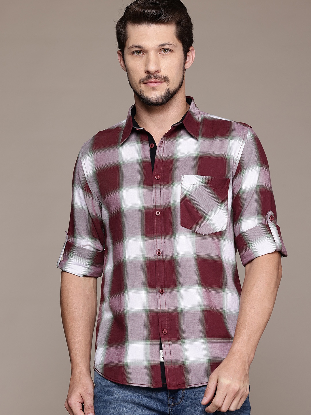 

The Roadster Lifestyle Co. Checked Pure Cotton Shirt, Burgundy