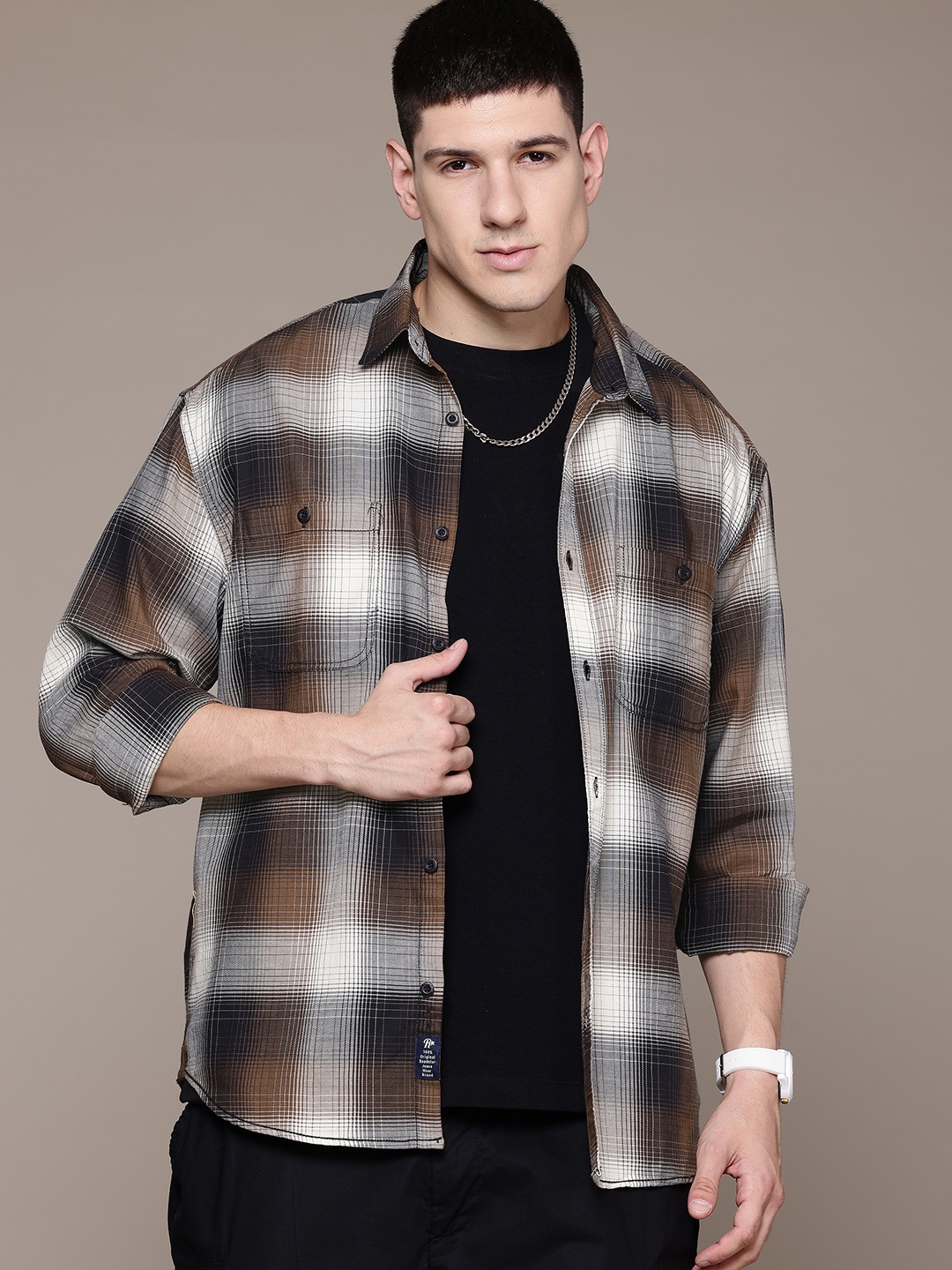 

The Roadster Lifestyle Co. Tartan Checks Pure Cotton Relaxed Shirt, Brown