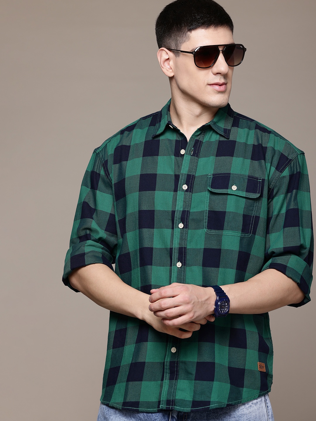 

The Roadster Lifestyle Co. Buffalo Checks Pure Cotton Relaxed Shirt, Green