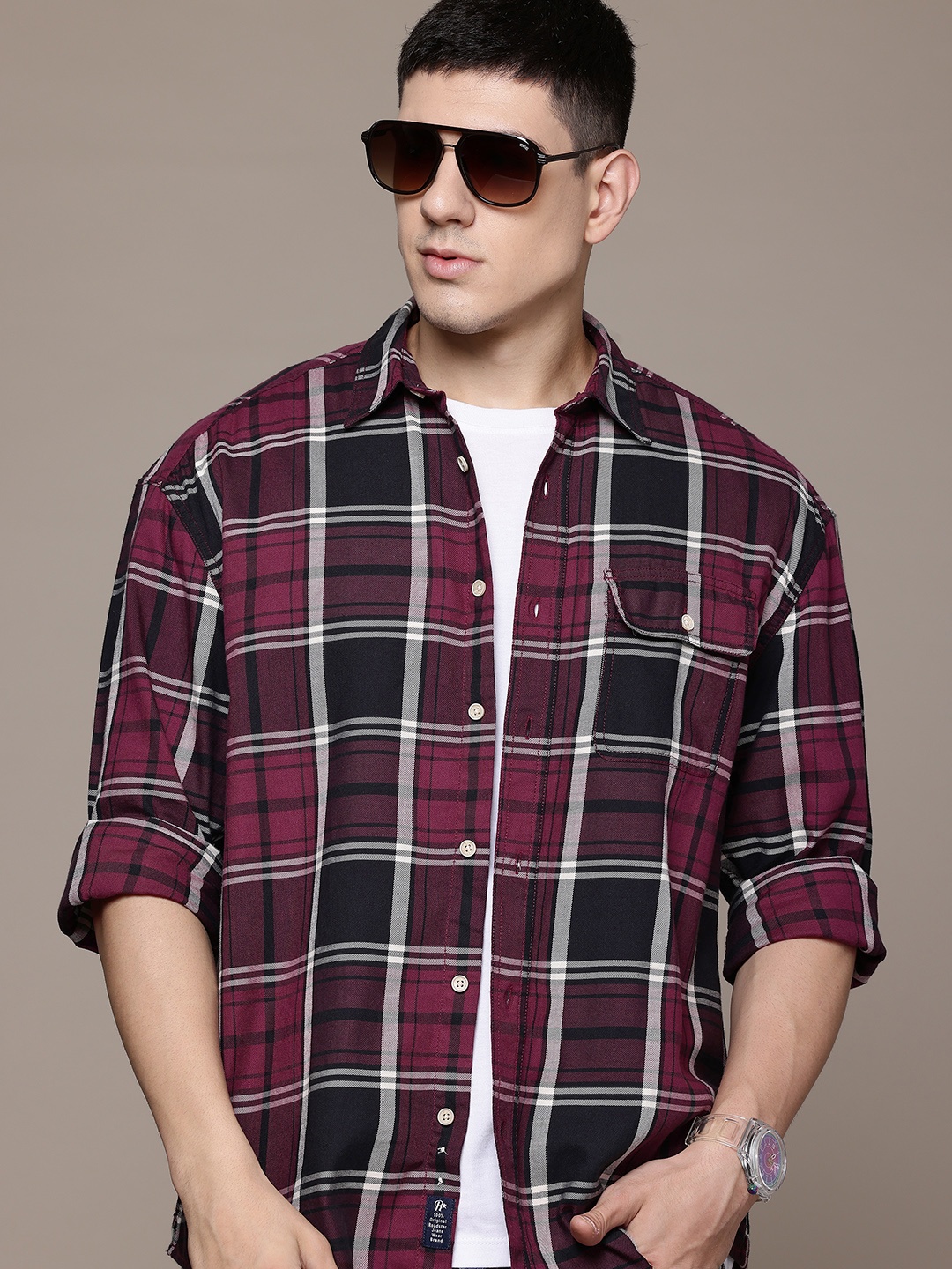 

The Roadster Lifestyle Co. Tartan Checks Pure Cotton Relaxed Fit Shirt, Burgundy