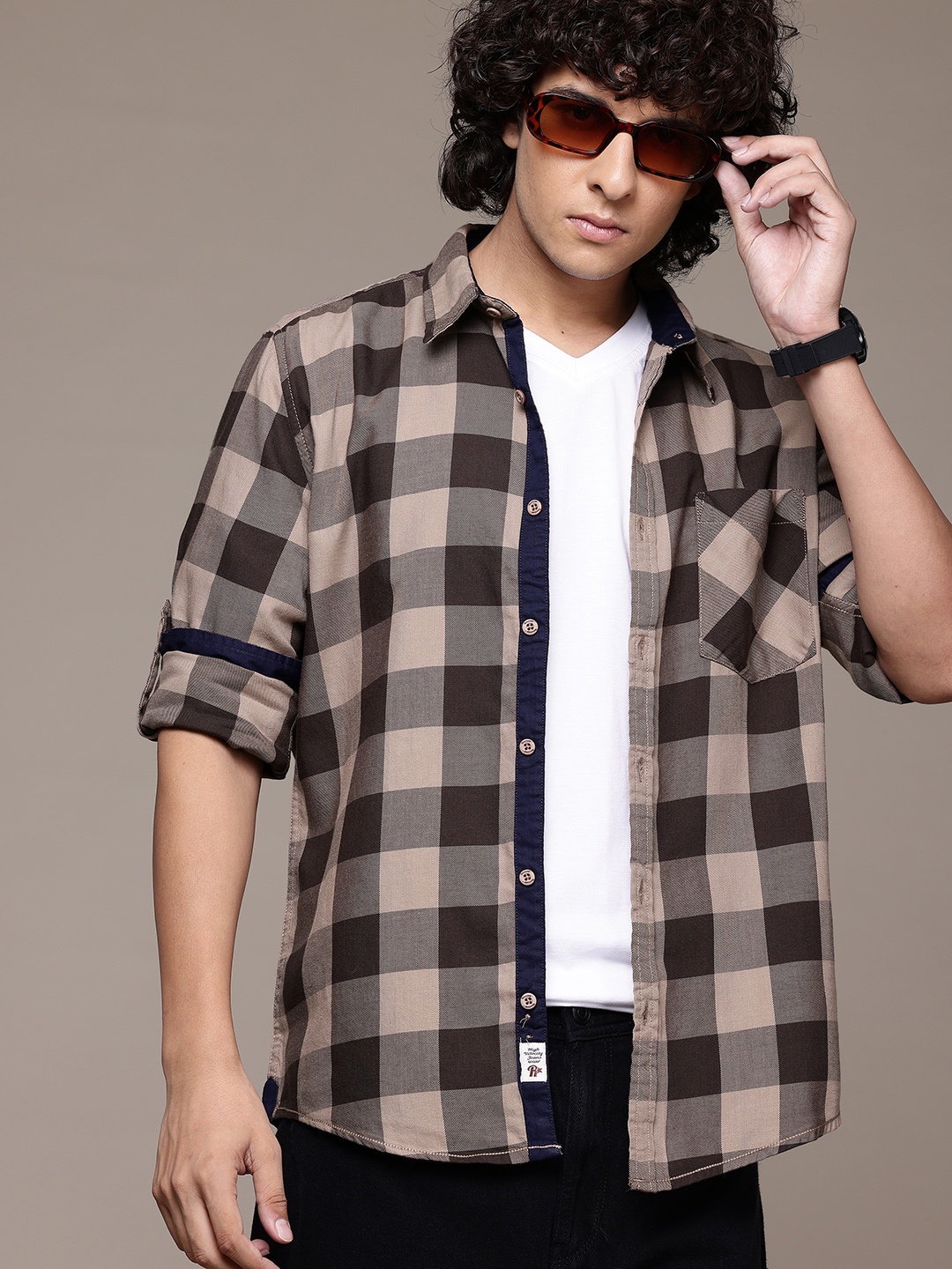 

The Roadster Lifestyle Co. Pure Cotton Buffalo Checked Casual Shirt, Beige