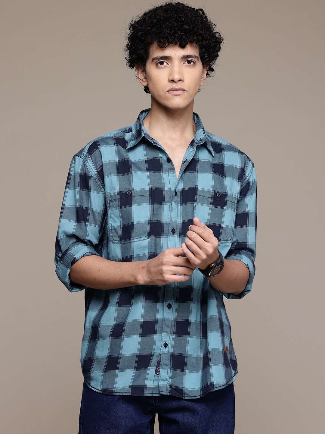 

The Roadster Lifestyle Co. Buffalo Checks Pure Cotton Relaxed Shirt, Blue