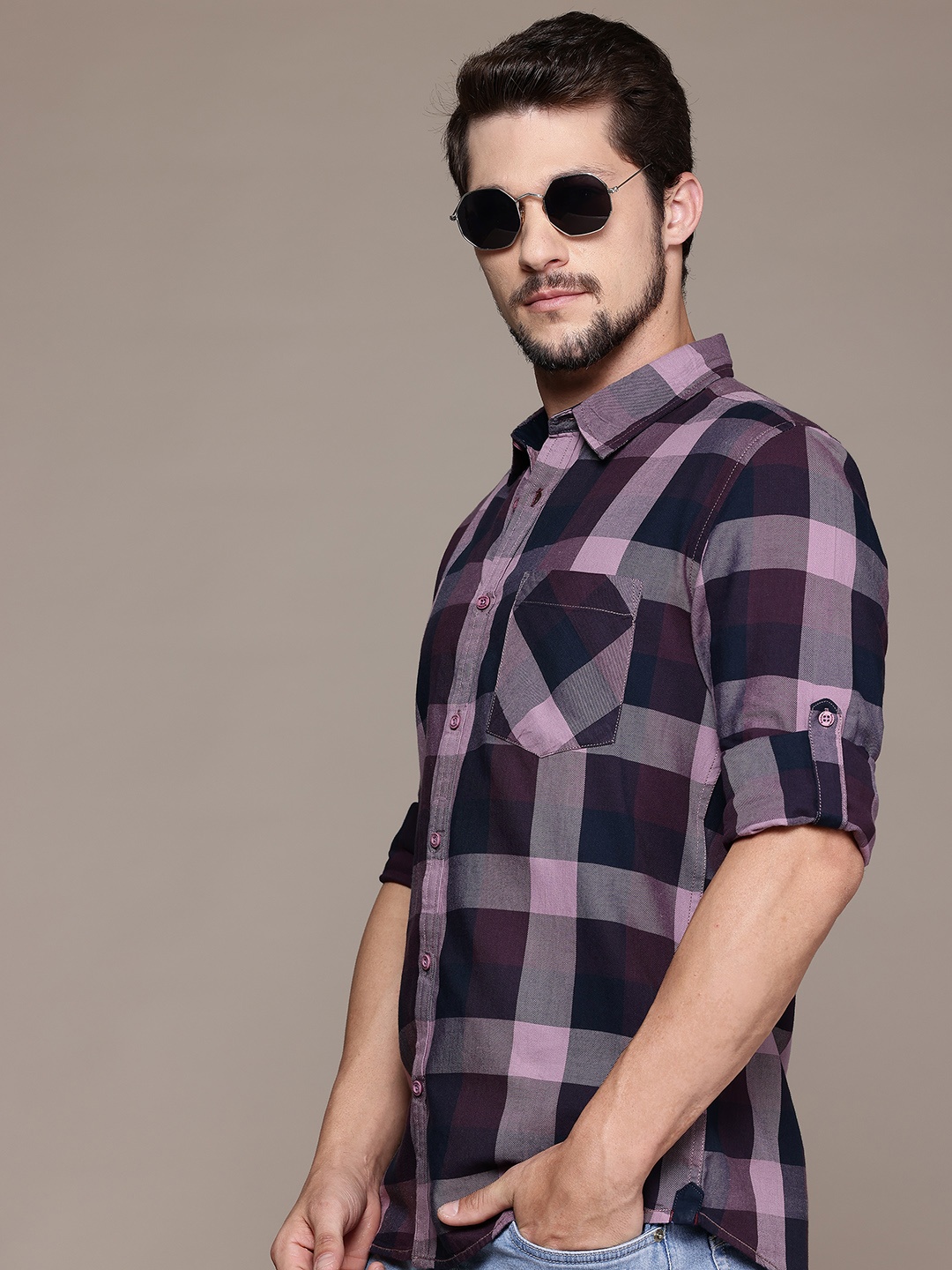 

The Roadster Lifestyle Co. Buffalo Checks Pure Cotton Casual Shirt, Purple