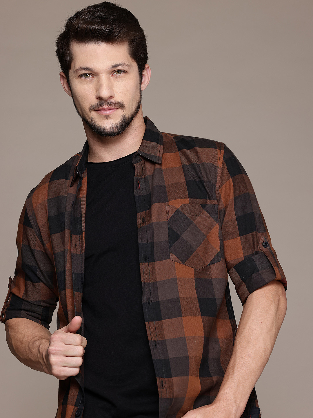

The Roadster Lifestyle Co. Buffalo Checks Pure Cotton Casual Shirt, Rust