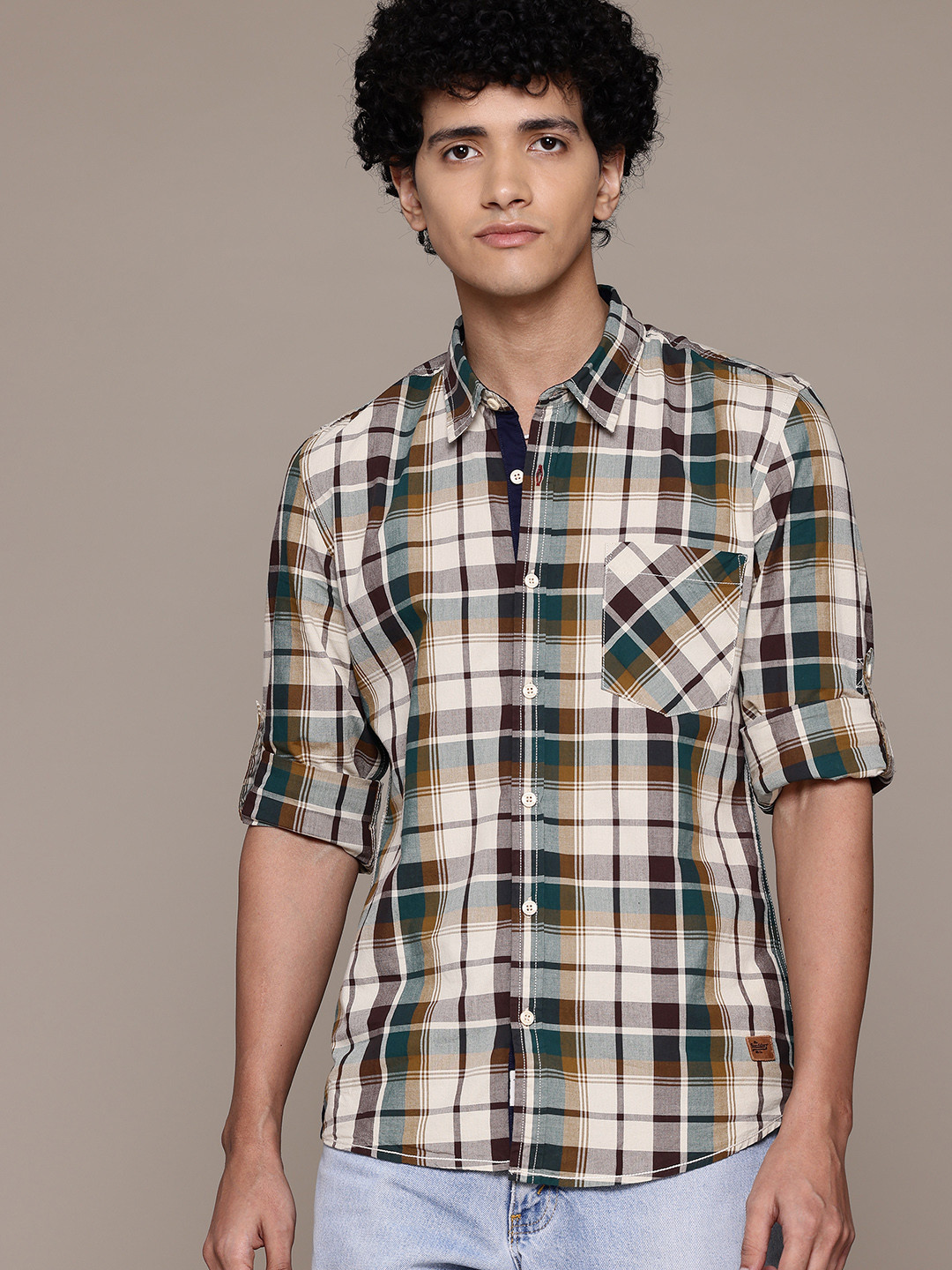 

The Roadster Lifestyle Co. Tartan Checks Pure Cotton Shirt, Cream