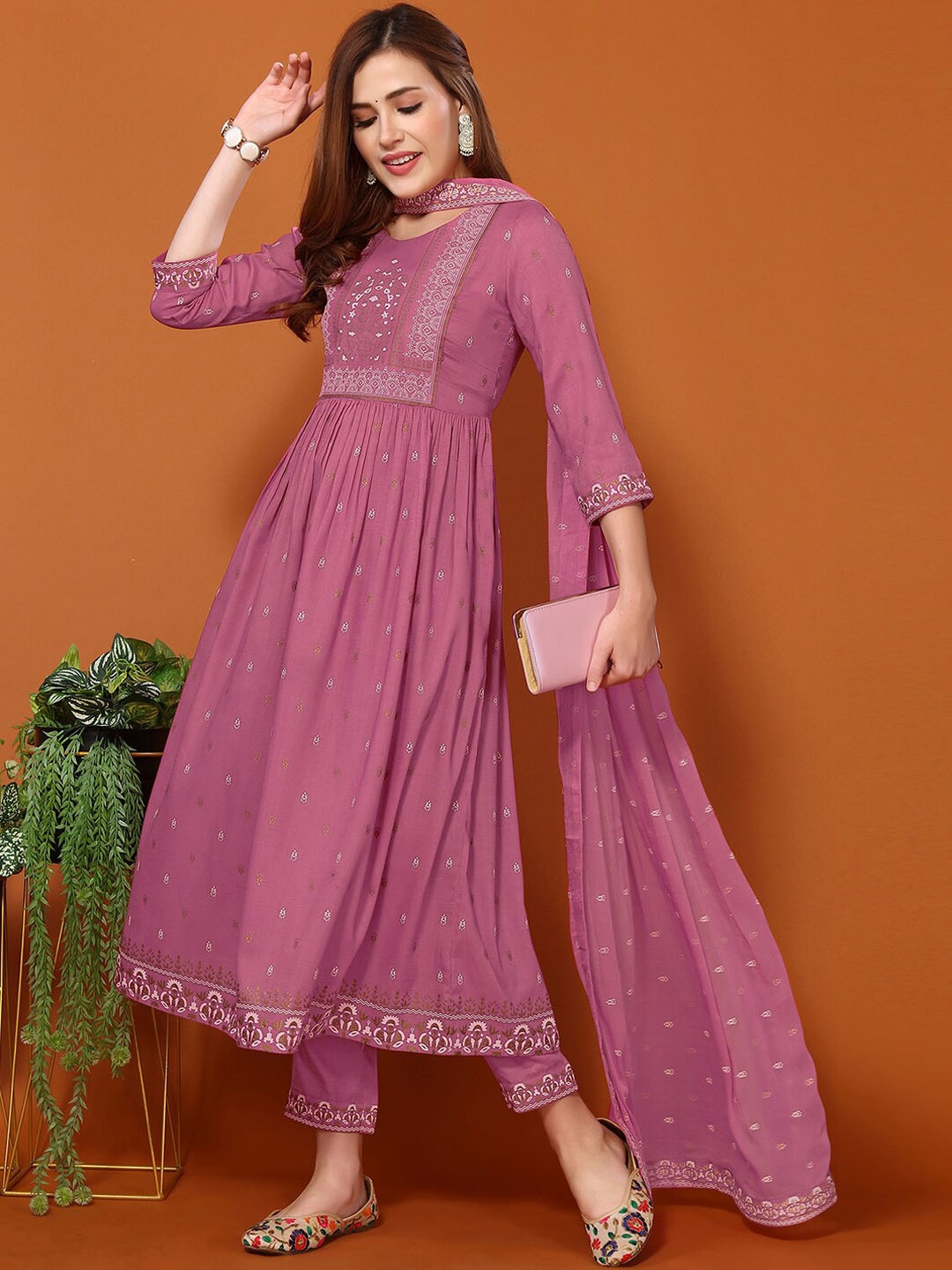 

KALINI Ethnic Motifs Foil Printed Regular Kurta With Trousers & Dupatta, Pink