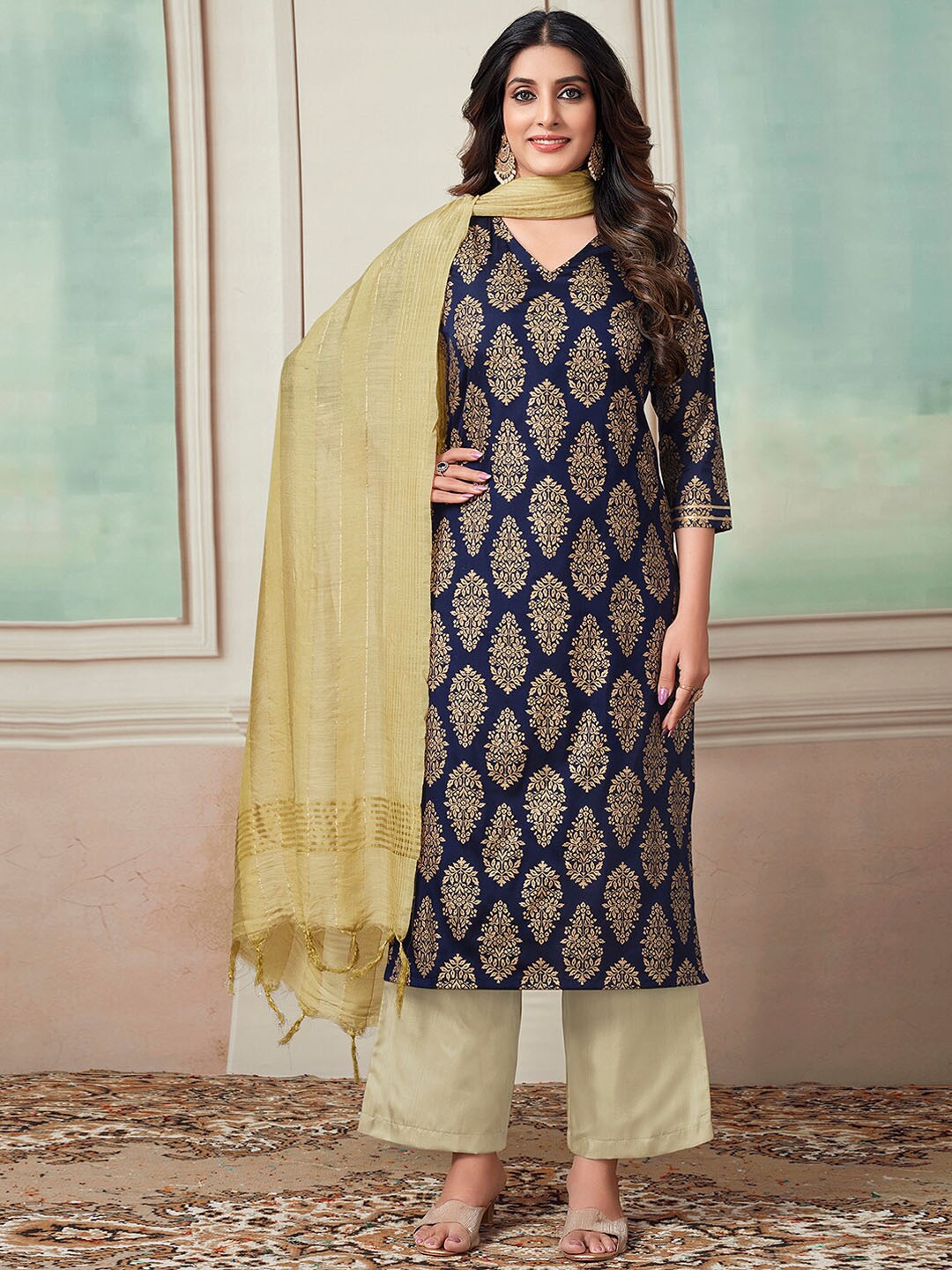

KALINI Ethnic Motifs Printed Regular V-Neck Kurta with Palazzos & Dupatta, Navy blue