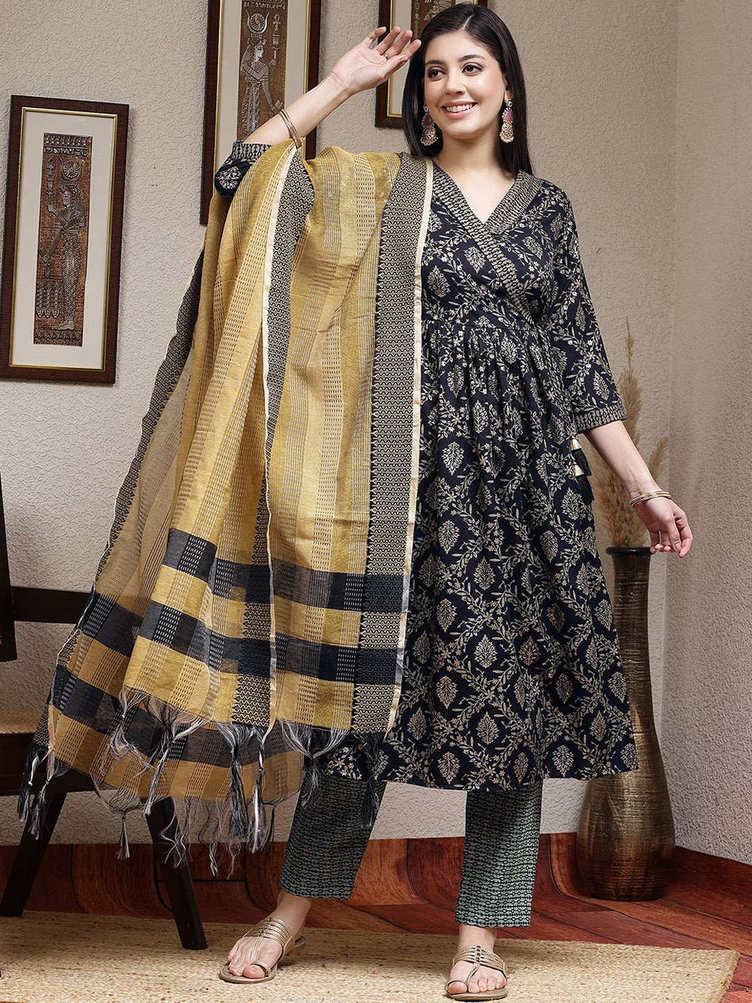 

KALINI Ethnic Motifs Printed V-Neck Angrakha Kurta with Trousers & Dupatta, Navy blue