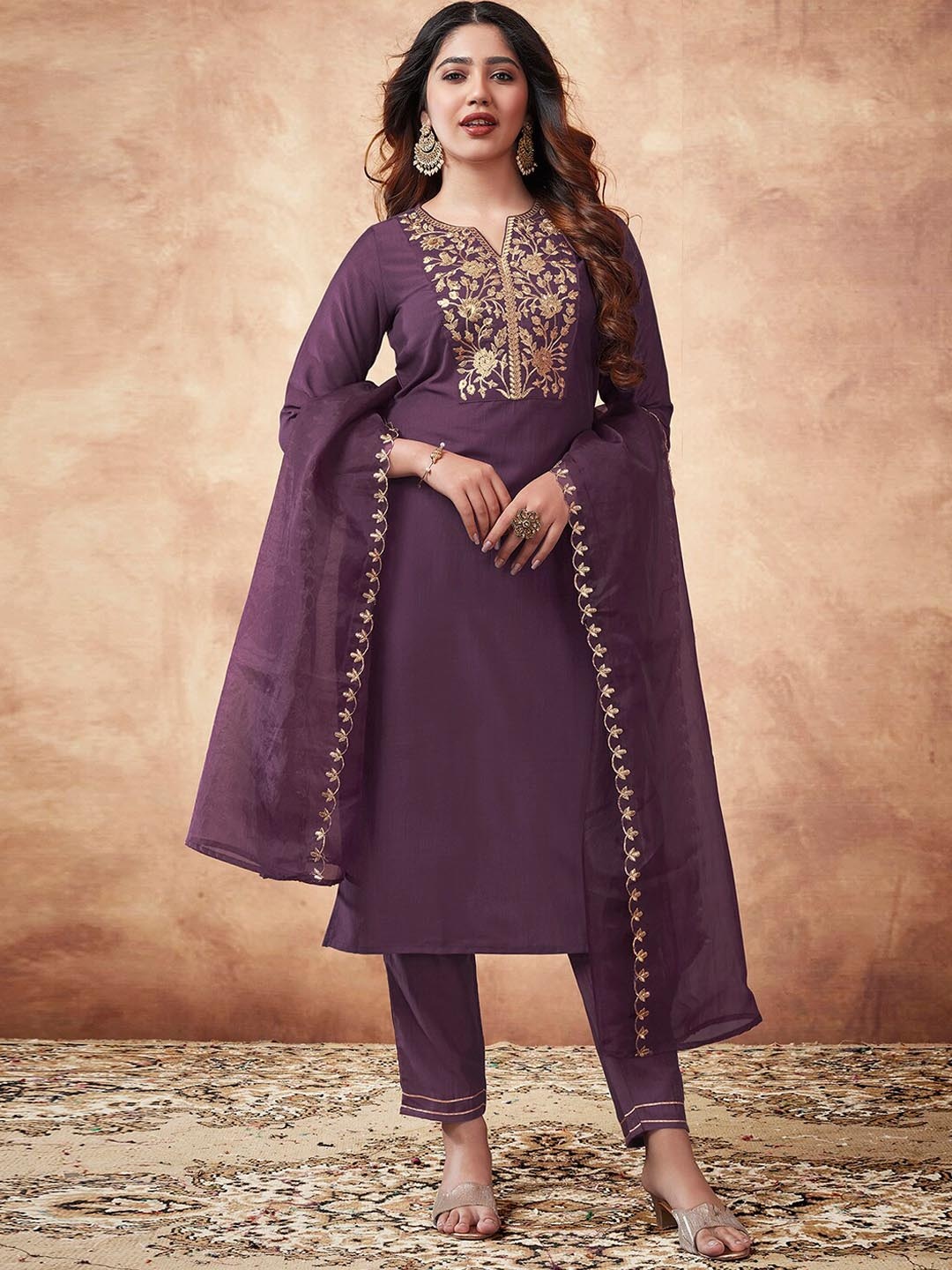 

KALINI Ethnic Motifs Yoke Design Regular Thread Work Kurta with Trousers & Dupatta, Purple