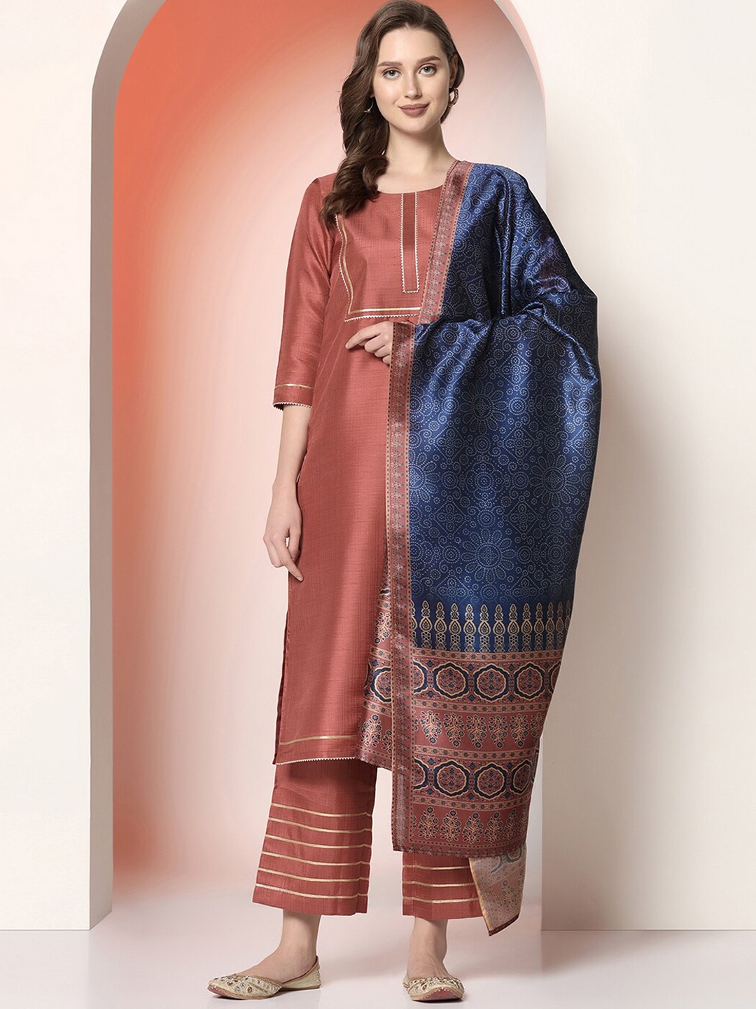 

KALINI Regular Gotta Patti Round Neck Kurta with Palazzos & Dupatta, Brown