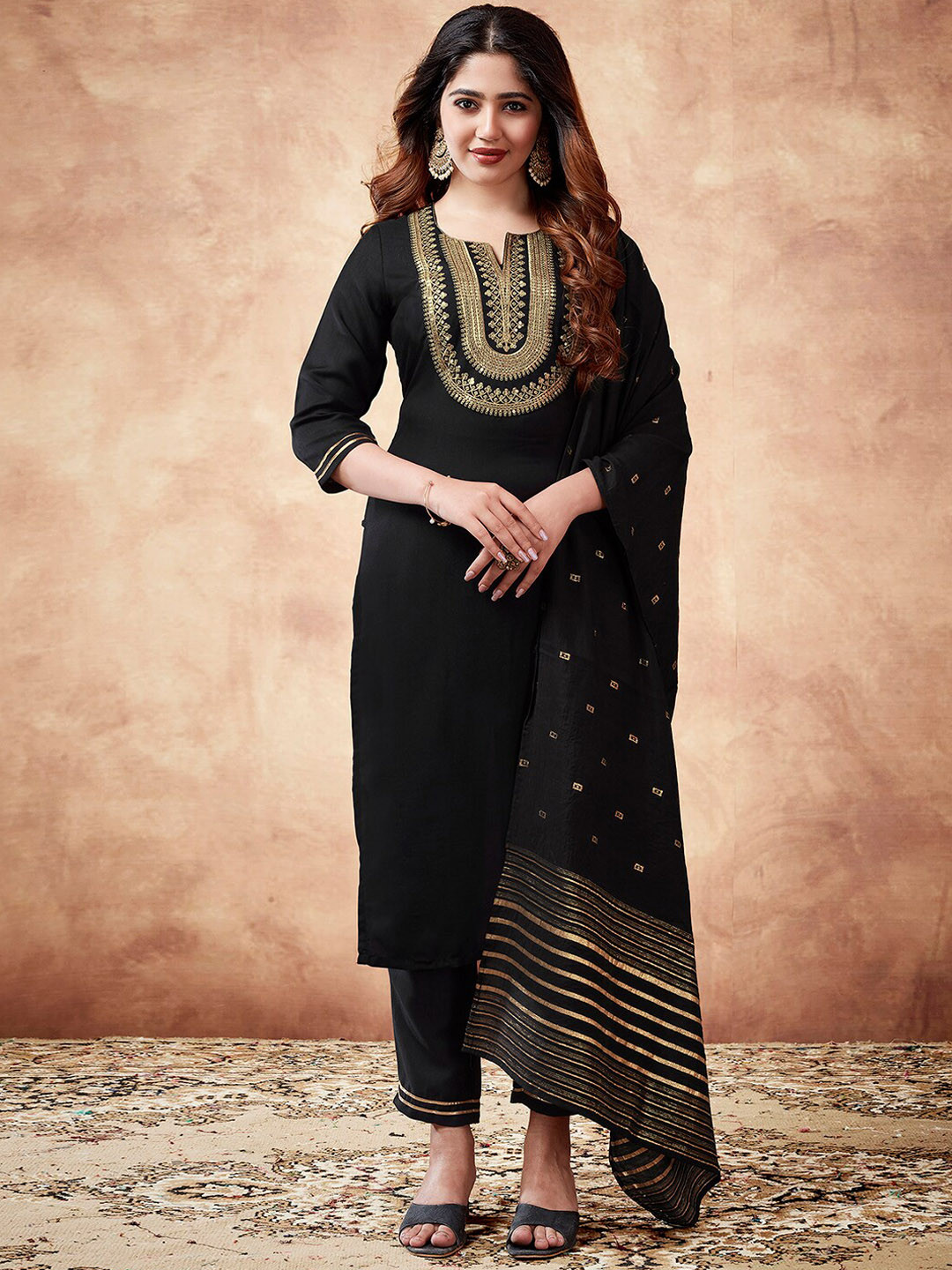 

KALINI Ethnic Motifs Embroidered Sequinned Kurta with Trousers & With Dupatta, Black