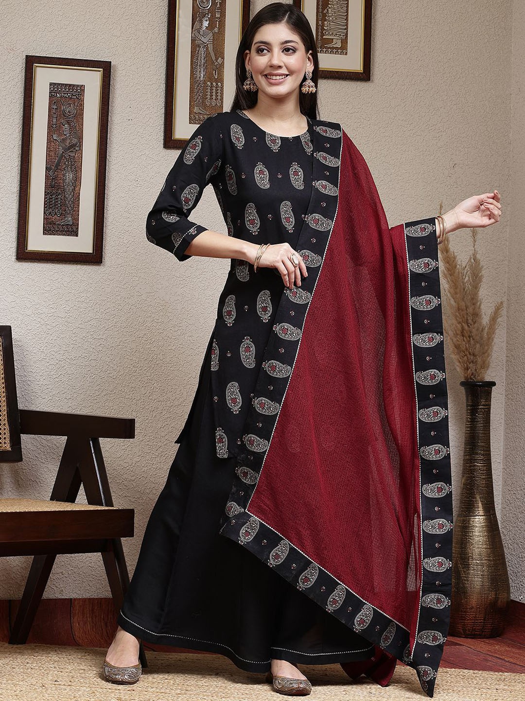 

KALINI Paisley Foil Printed Kurti with Palazzos & With Dupatta, Black