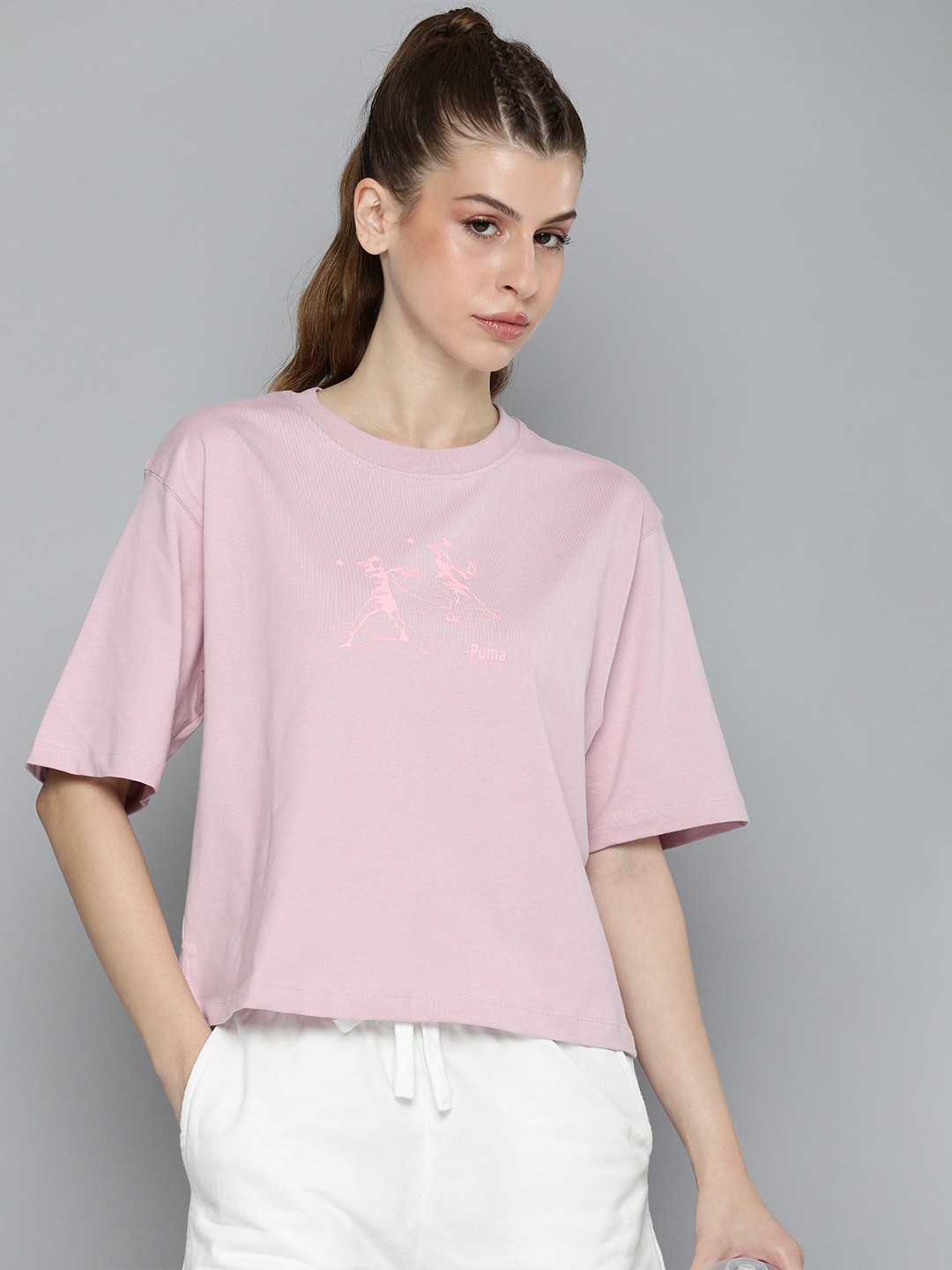 

Puma Pure Cotton Graphic Printed Drop-Shoulder Sleeves Relaxed Fit T-shirt, Lavender