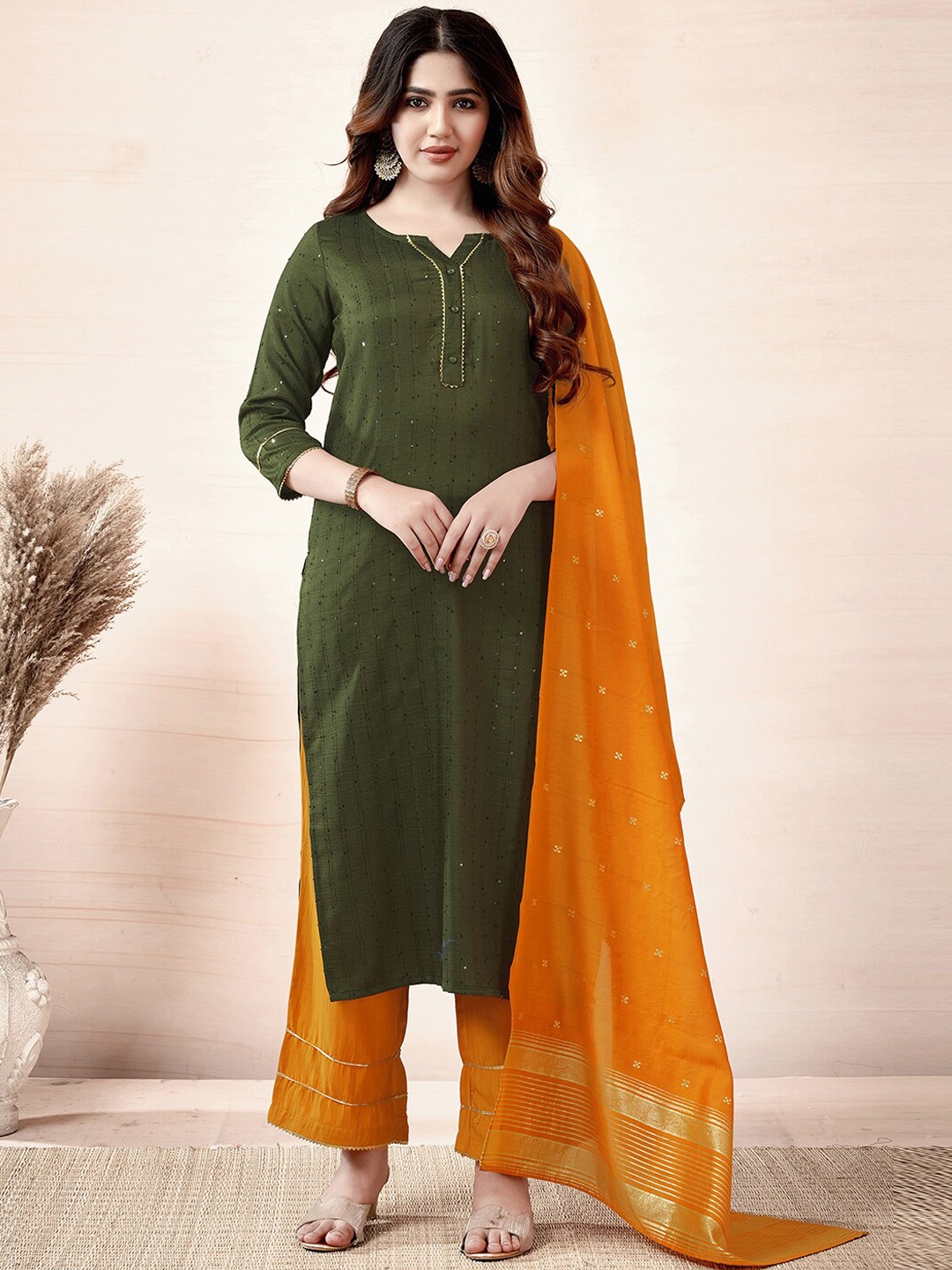 

SKYLEE Green Striped Sequinned Embroidered Straight Kurta With Palazzos & Dupatta