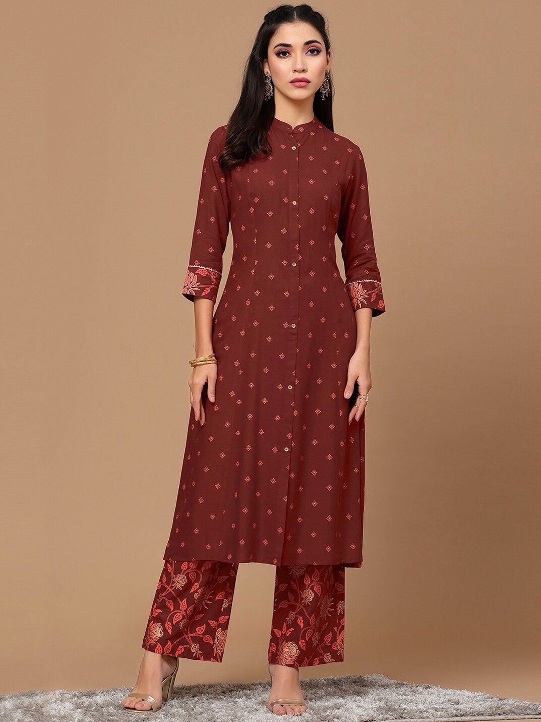 

KALINI Floral Printed Mandarin Collar Regular A-Line Kurta With Trouser, Rust