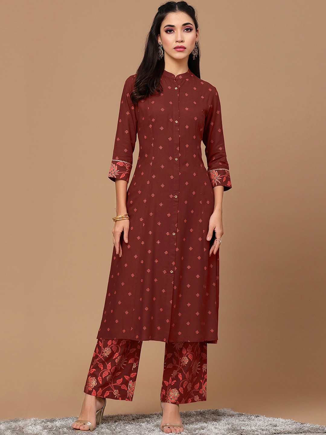 

KALINI Floral Printed Mandarin Collar Straight Kurta With Trousers, Rust