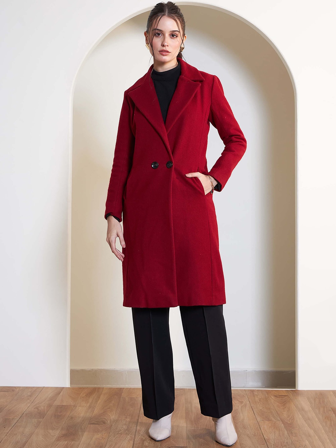 

SALT ATTIRE Checked Double-Breasted Longline Overcoat, Red