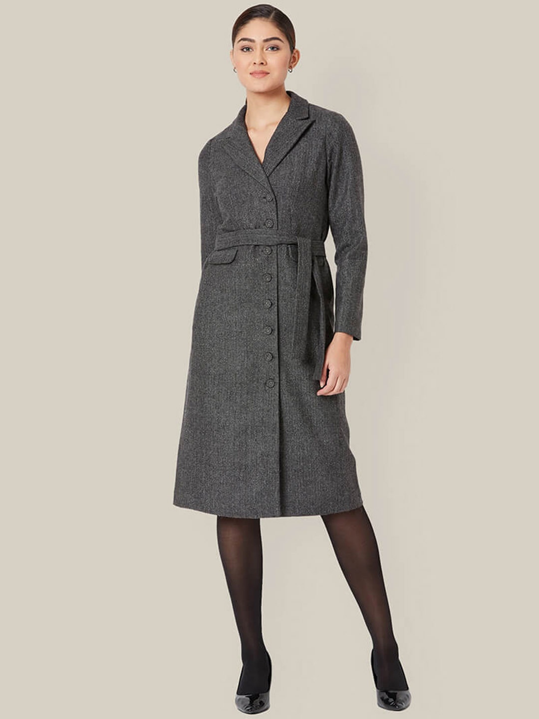 

SALT ATTIRE Self Design Single-Breasted Longline Overcoat, Grey