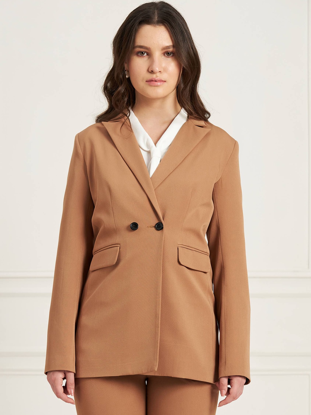 

SALT ATTIRE Notched Lapel Double-Breasted Blazer, Beige