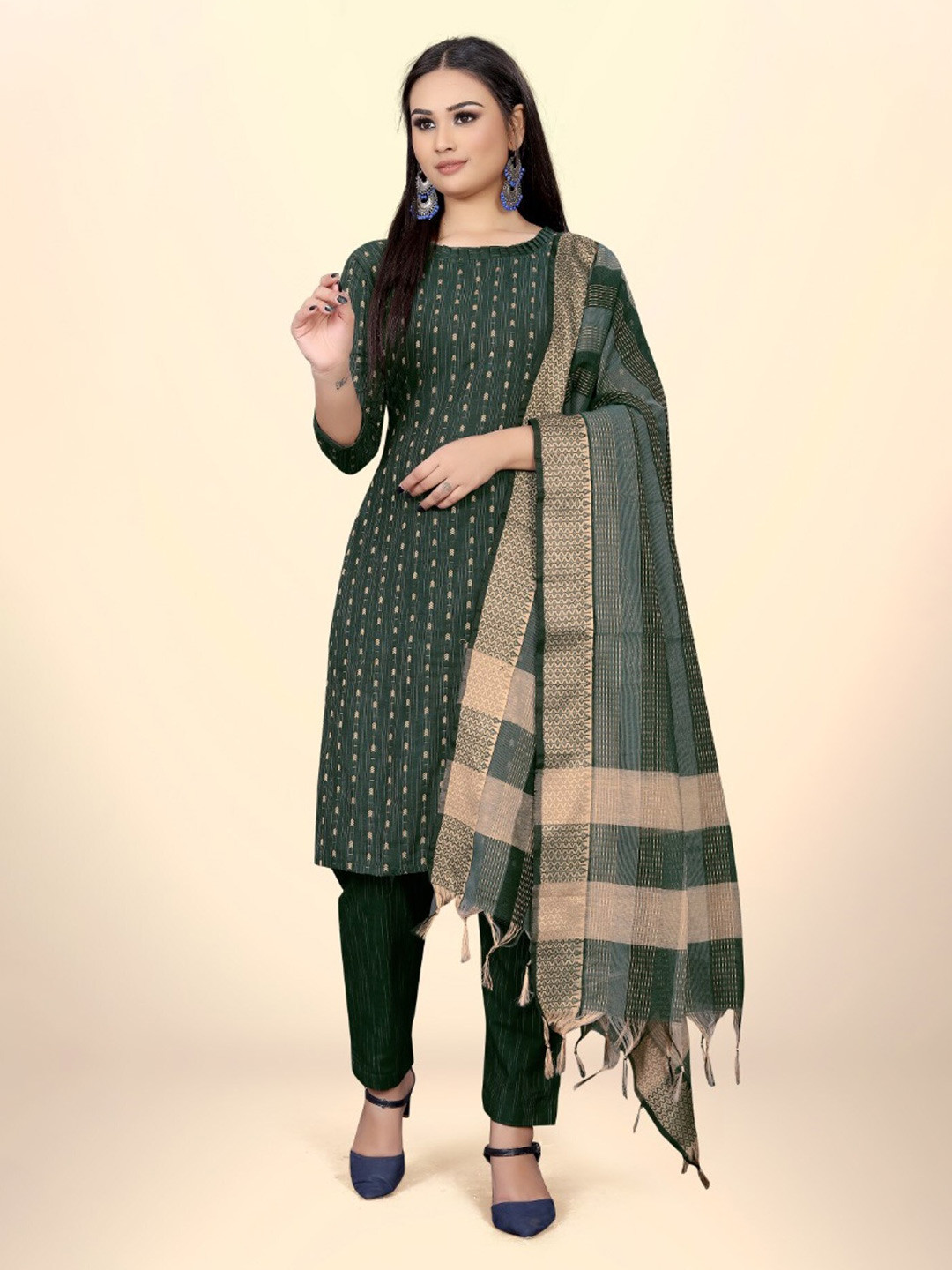 

LeeliPeeri Designer Ethnic Motifs Jacquard Woven Design Unstitched Dress Material, Green