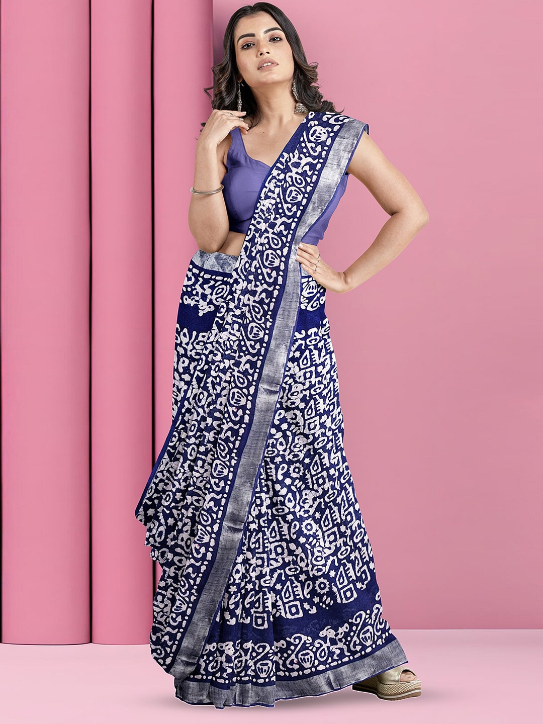 

SPAL FASHION Batik Zari Block Print Saree, Blue