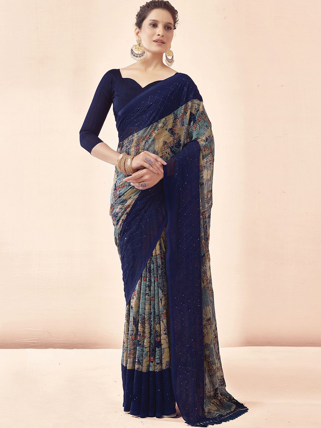 Mitera Navy Blue Abstract Printed Sequinned Saree