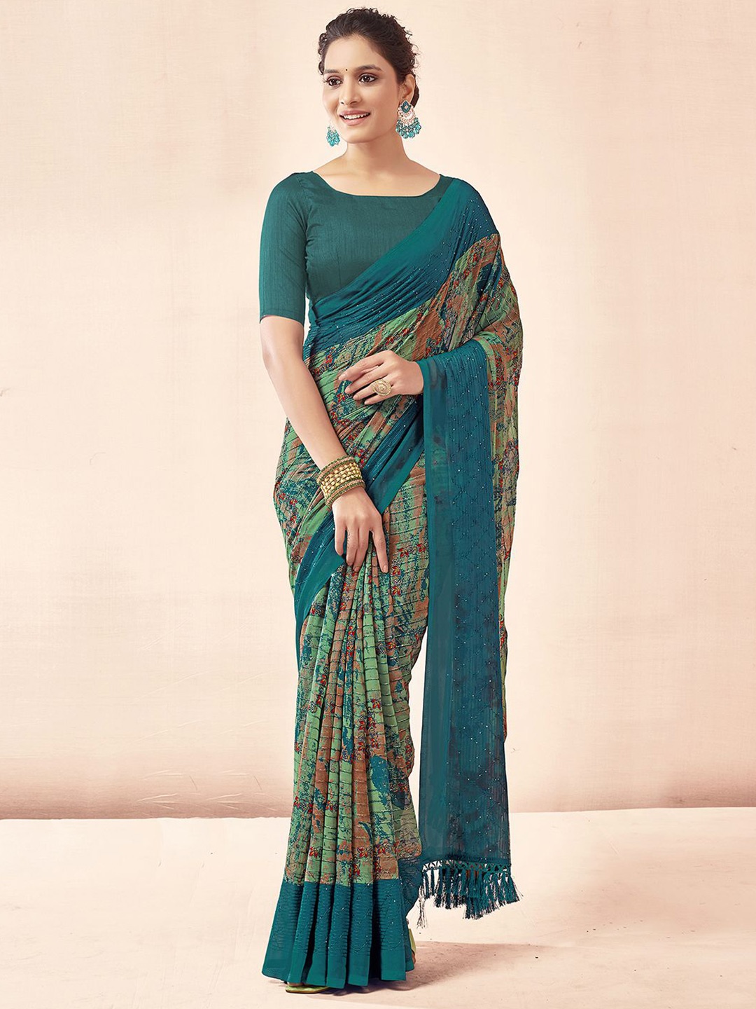 Mitera Blue Abstract Printed Sequinned Saree, Teal