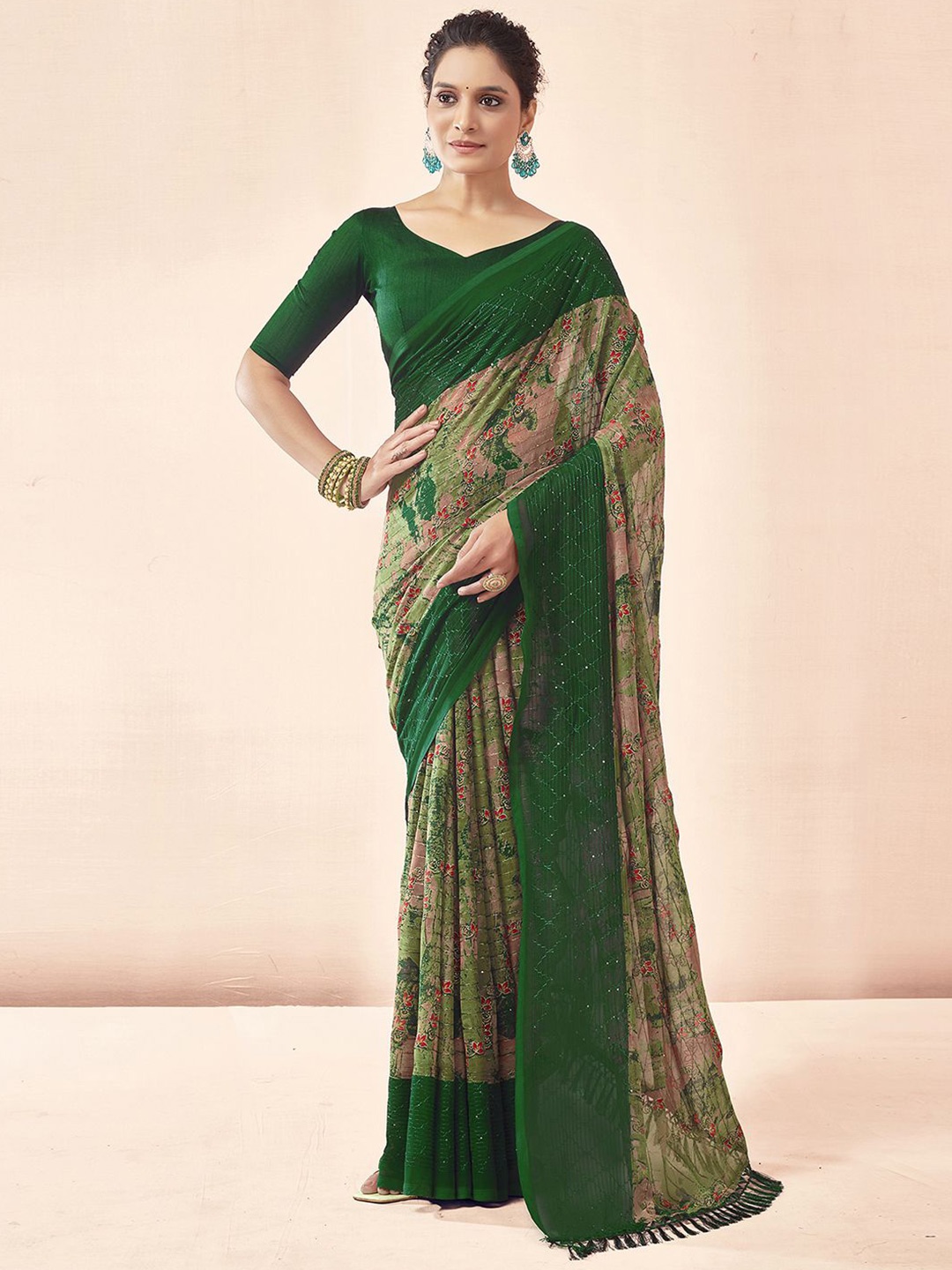 

Mitera Green Abstract Printed Sequinned Saree