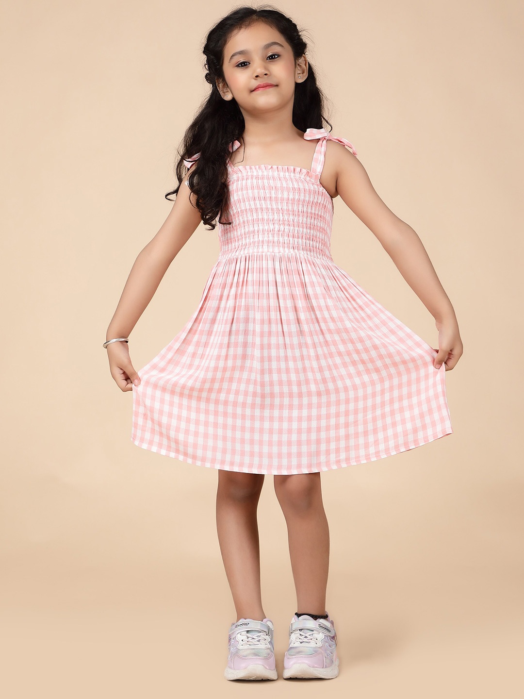

KASYA Girls Checked Shoulder Straps Fit & Flare Dress, Pink