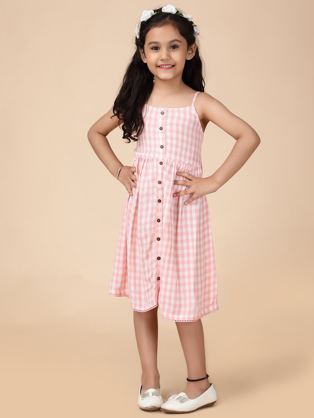 

KASYA Girls Checked Shoulder Straps A-Line Dress, Pink
