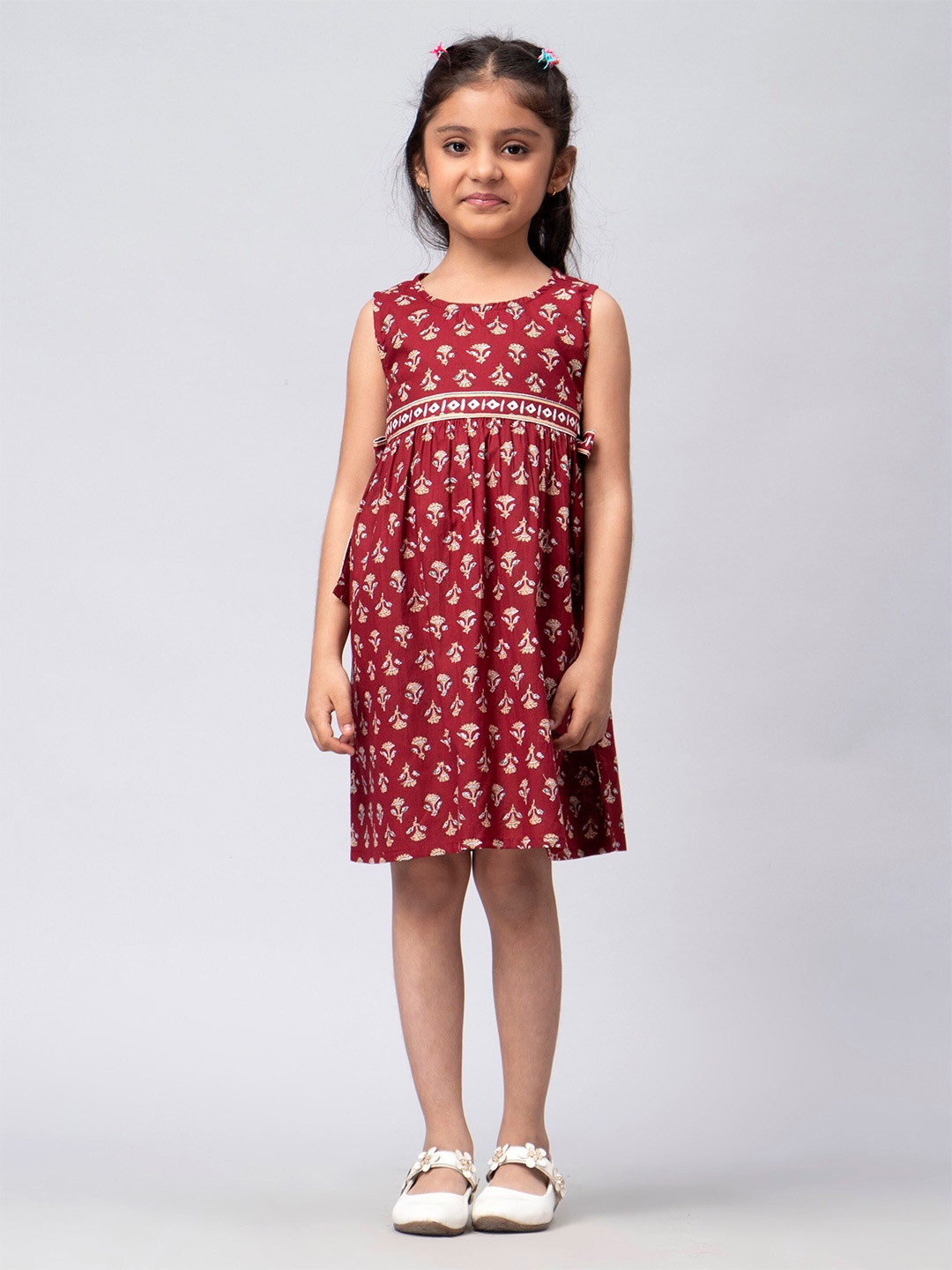 

KASYA Girls Floral Printed Gathered or pleated Sleeveless Cotton Empire Dress, Maroon