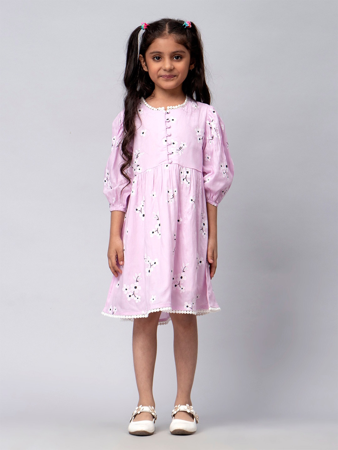 

KASYA Girls Floral Printed Round Neck Puff Sleeve Fit & Flare Dress, Lavender