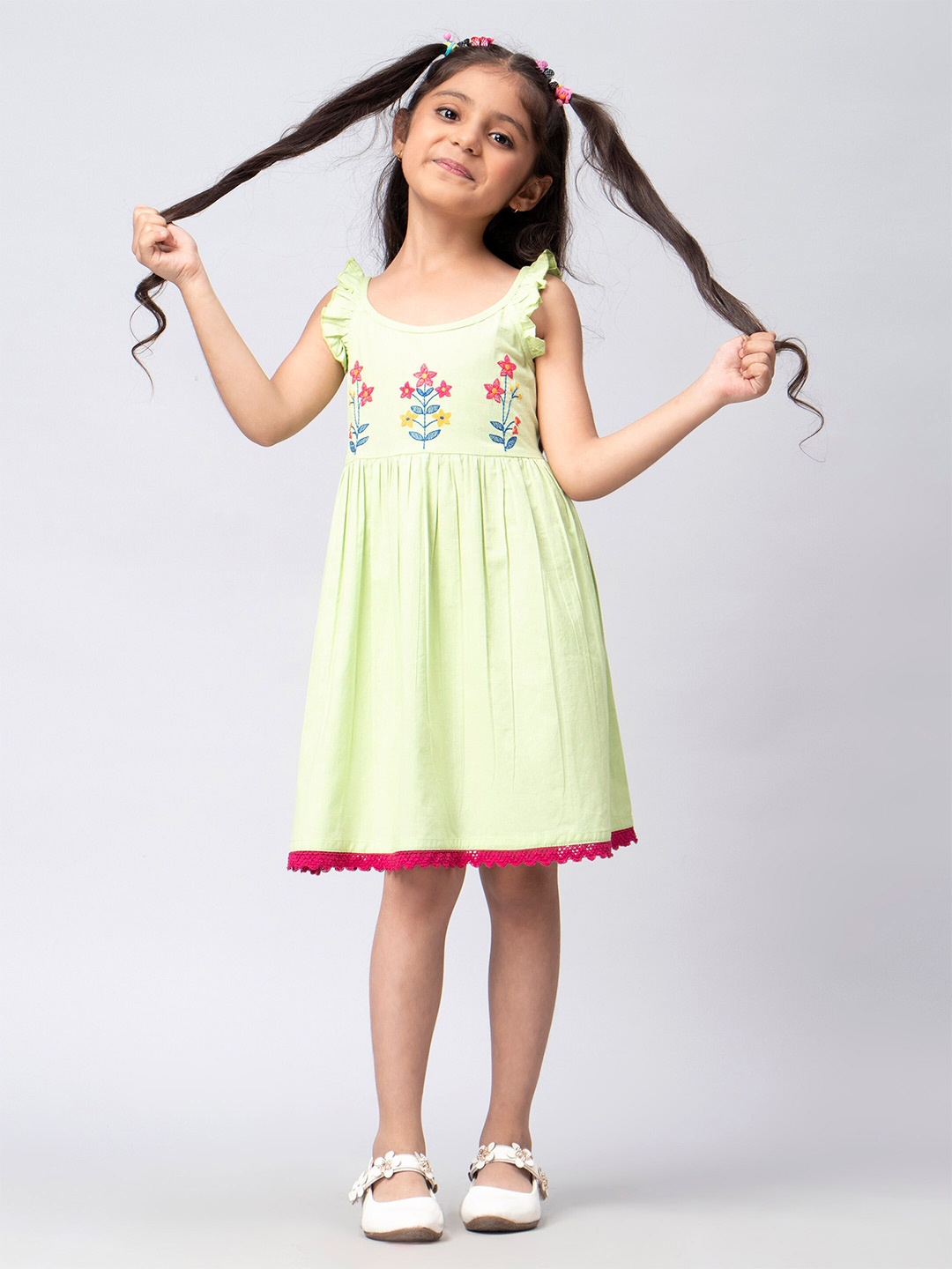 

KASYA Girls Floral Embroidered Round Neck Flutter Sleeves Cotton Fit & Flare Dress, Green