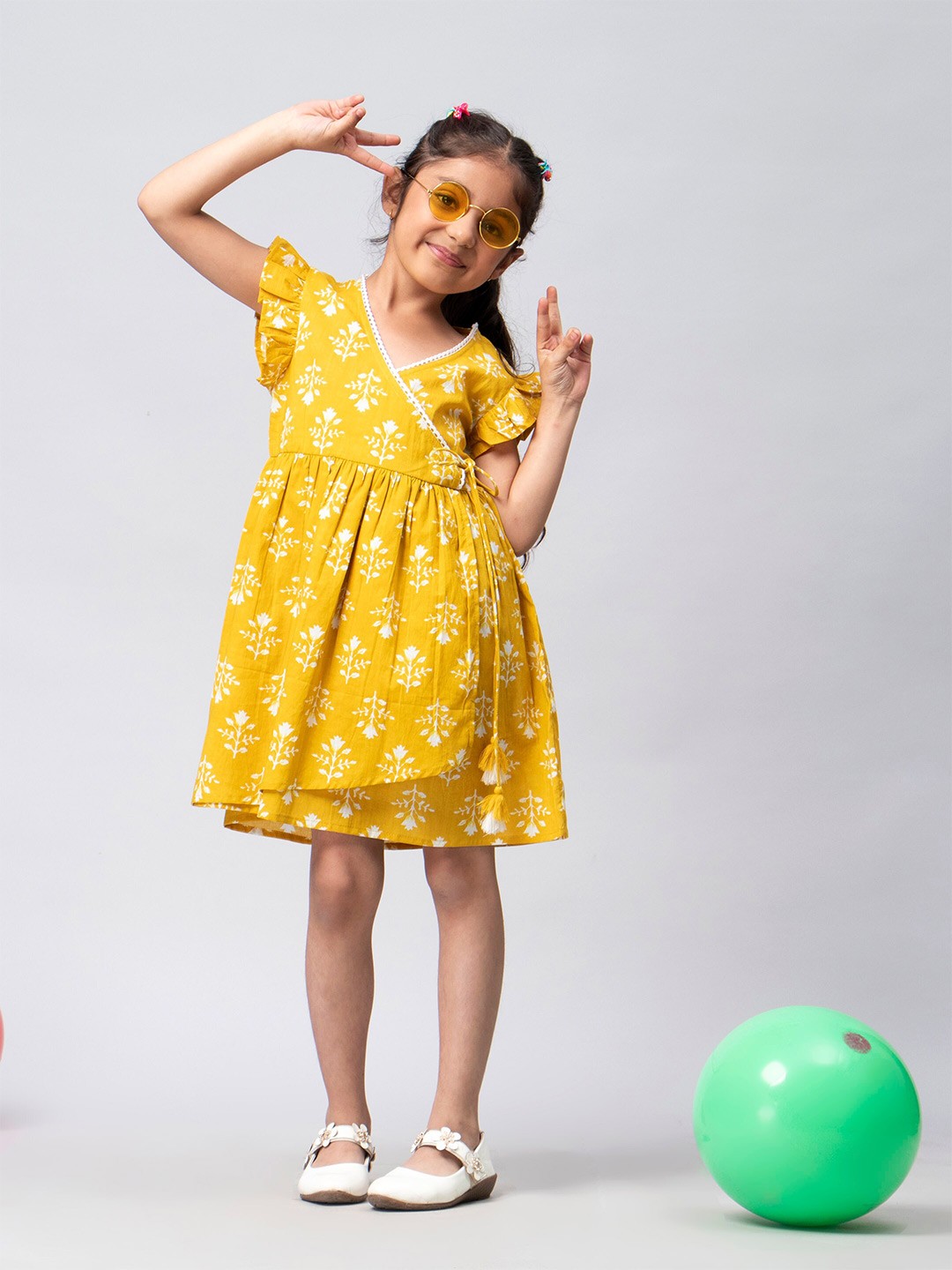 

KASYA Girls Floral Printed V-Neck Tie-Ups A-Line Dress, Yellow