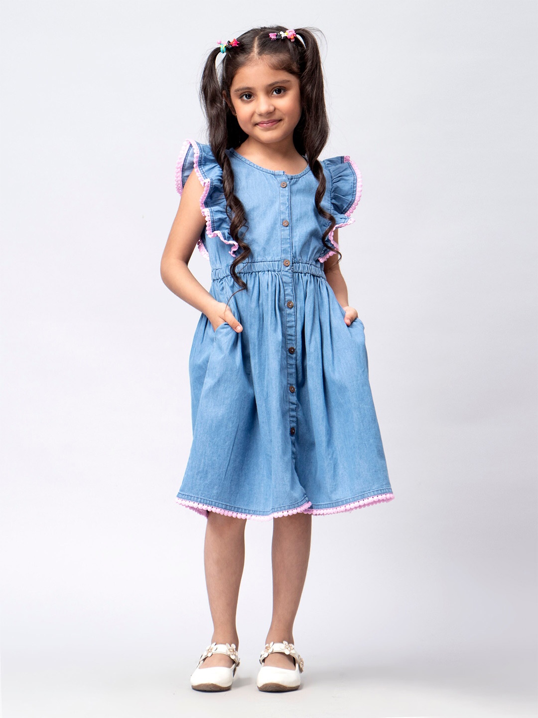 

KASYA Girls Round Neck Flutter Sleeves Cotton Fit & Flare Dress, Blue