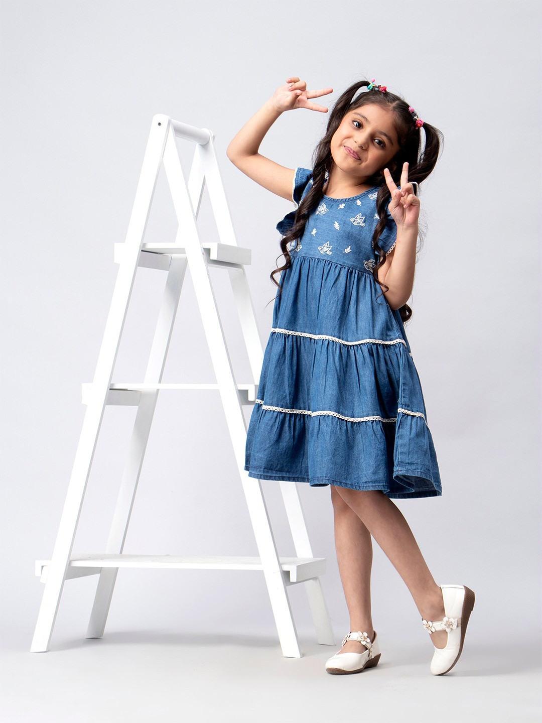 

KASYA Girls Floral Embroidered Round Neck Flutter Sleeves Fit & Flare Dress, Navy blue