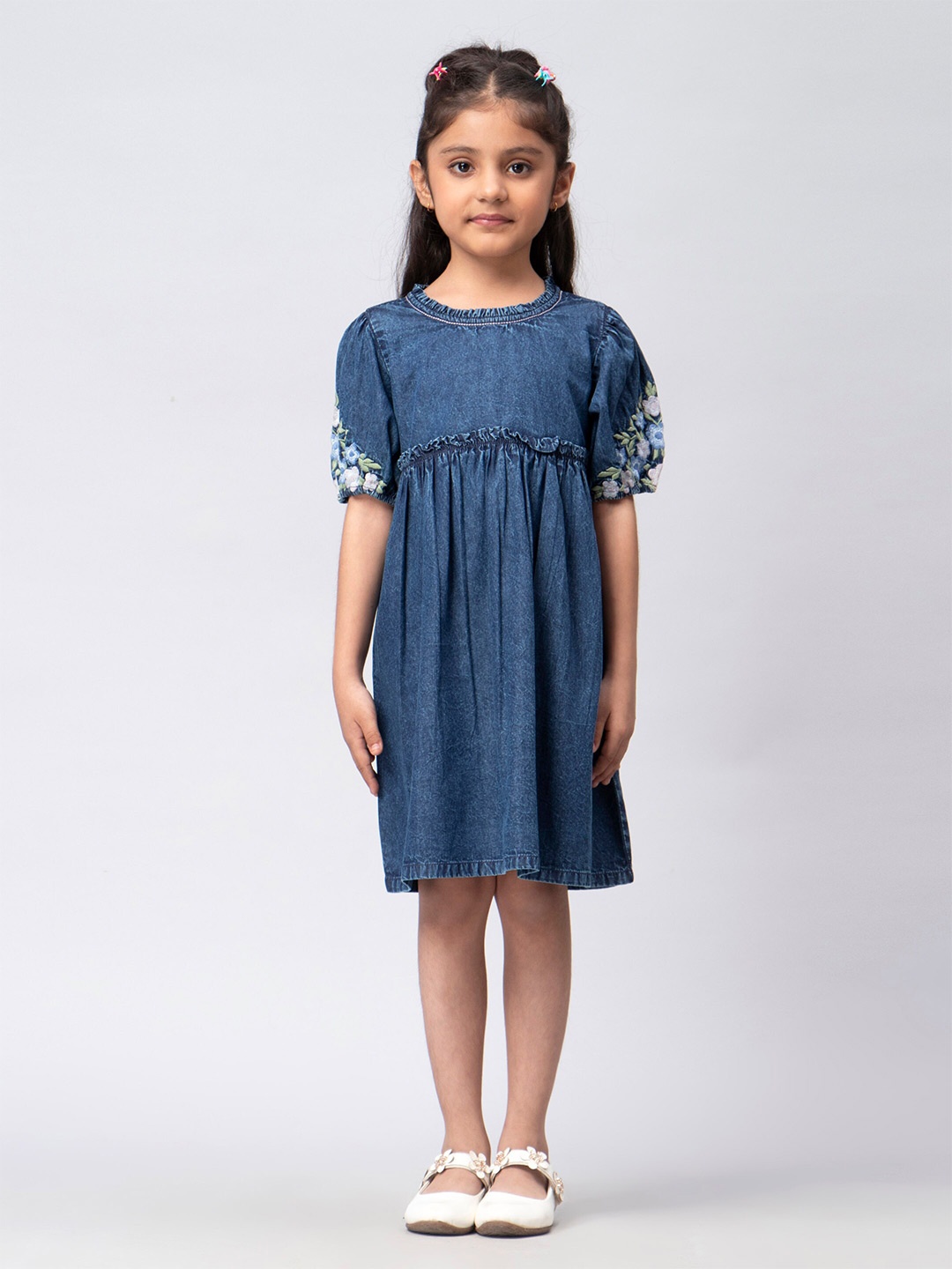 

KASYA Girls Round Neck Embroidered Cotton A-Line Dress, Navy blue