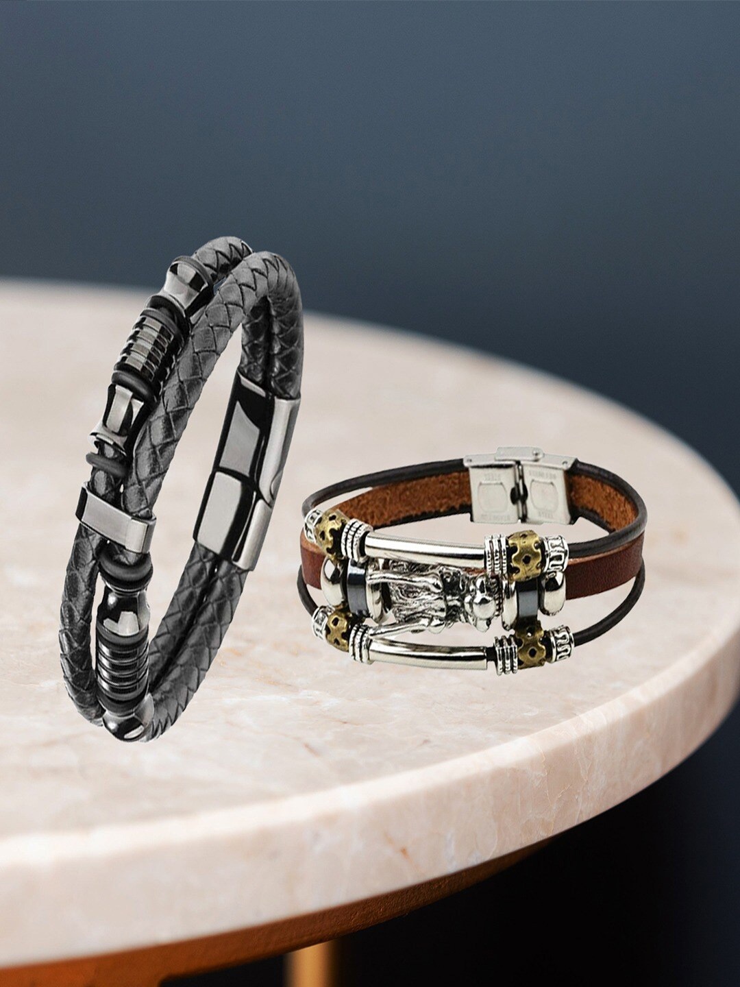 

UNIVERSITY TRENDZ Men Set Of 2 Silver-Plated Leather Wraparound Bracelets