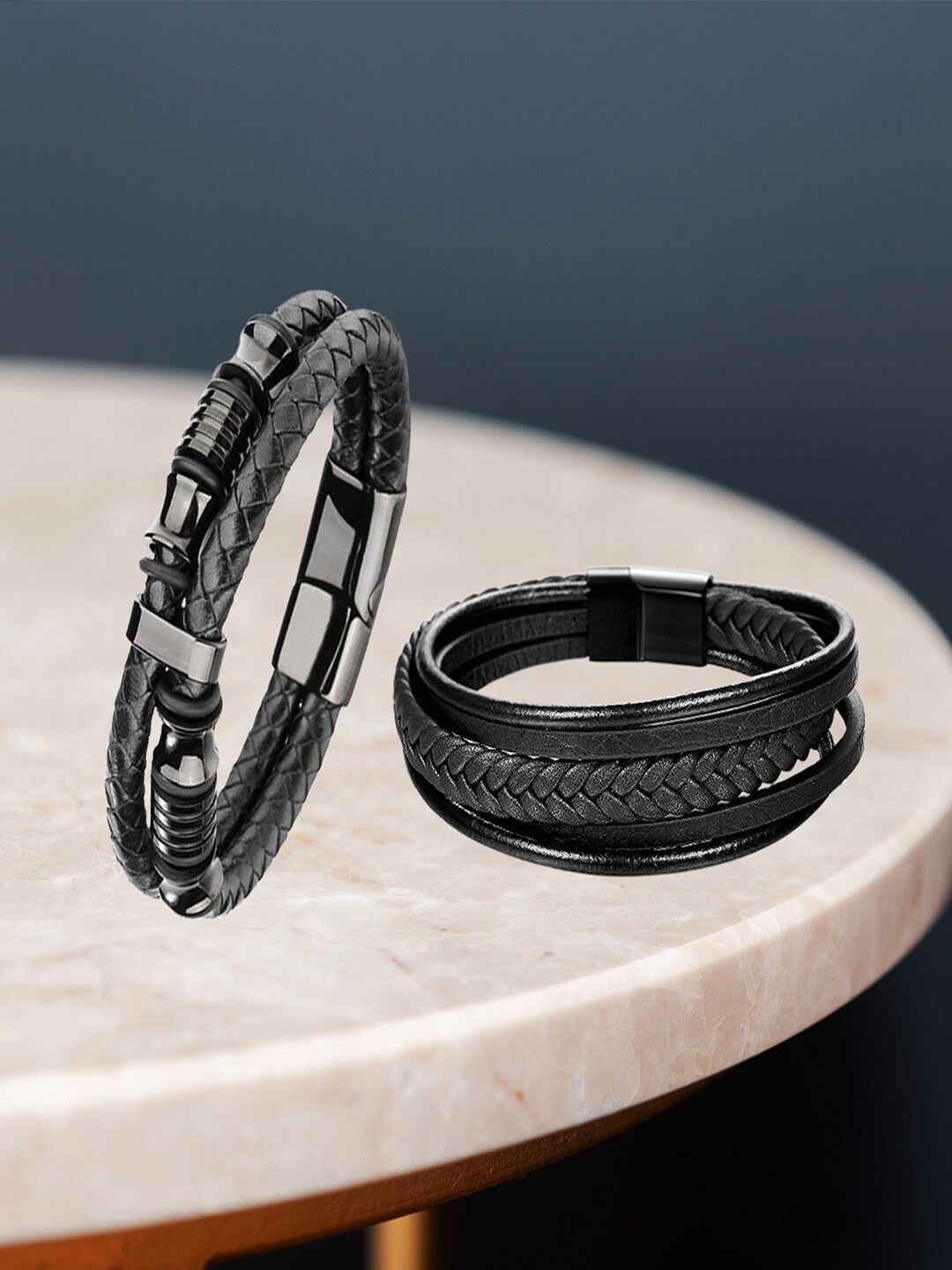 

UNIVERSITY TRENDZ Men Set Of 2 Leather Wraparound Bracelets, Silver