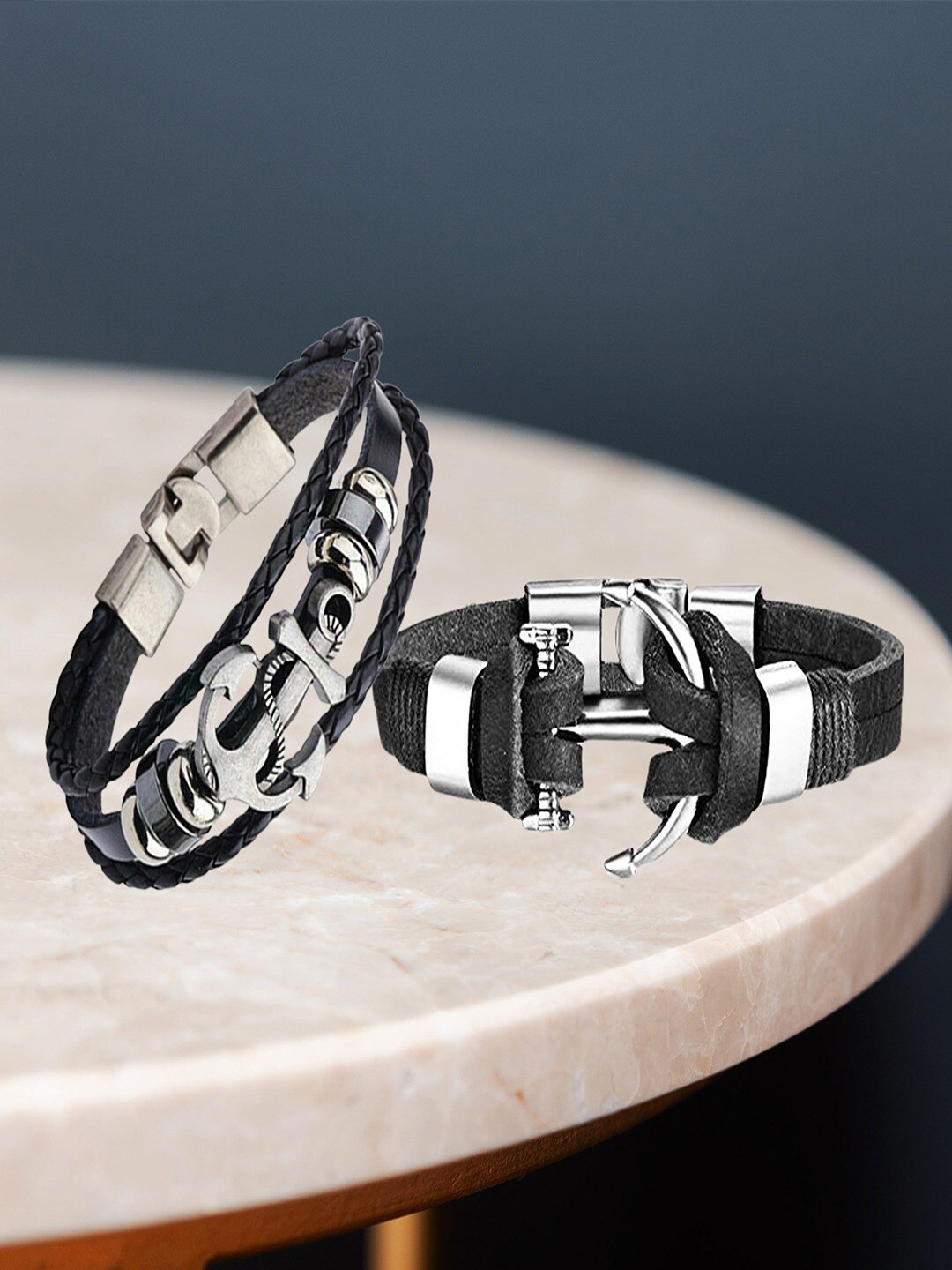 

UNIVERSITY TRENDZ Men Set Of 2 Silver-Plated Leather Wraparound Bracelets