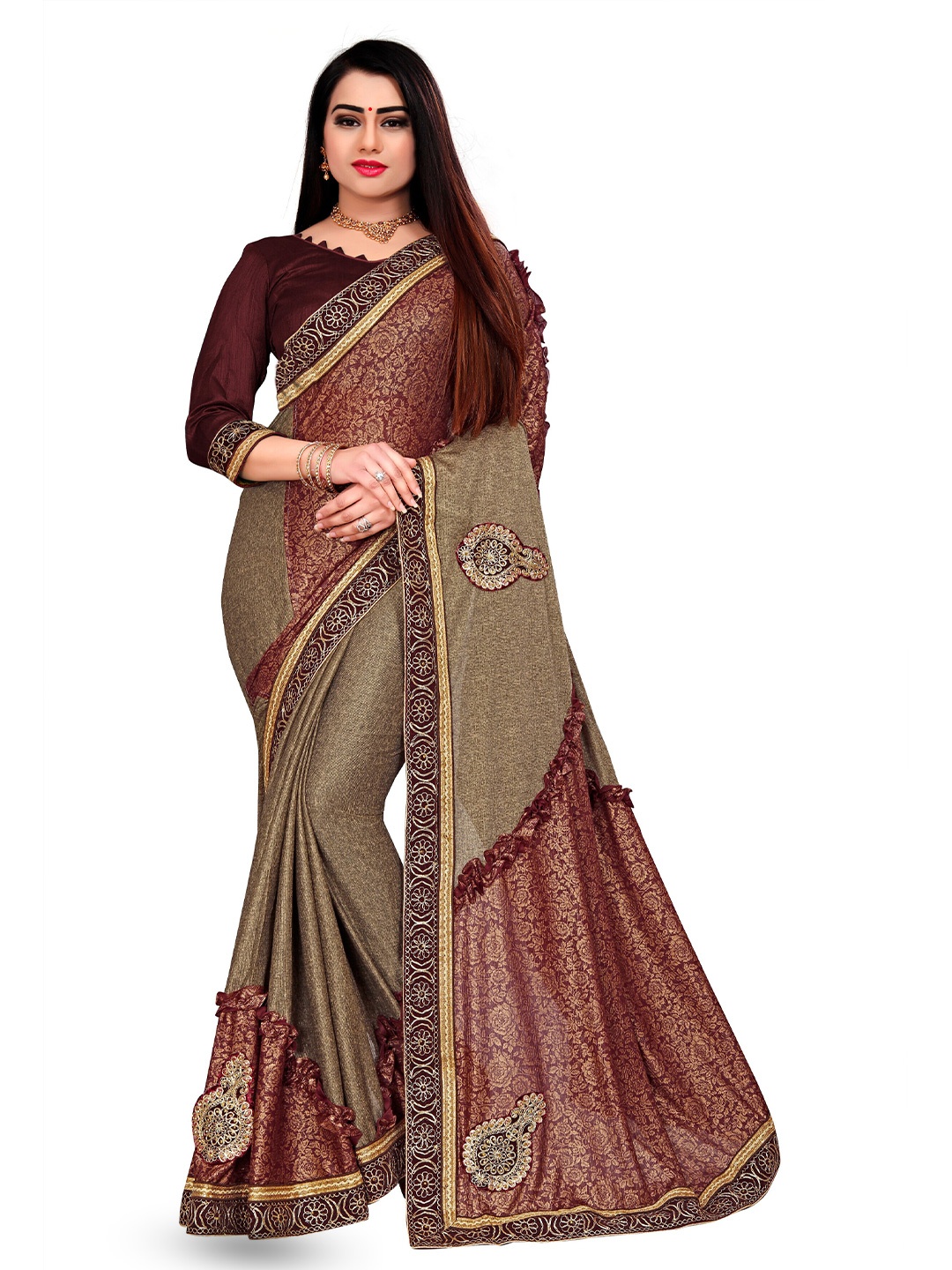 

VM TEJANI Colourblocked Patchwork Floral Printed & Embroidered Saree, Maroon