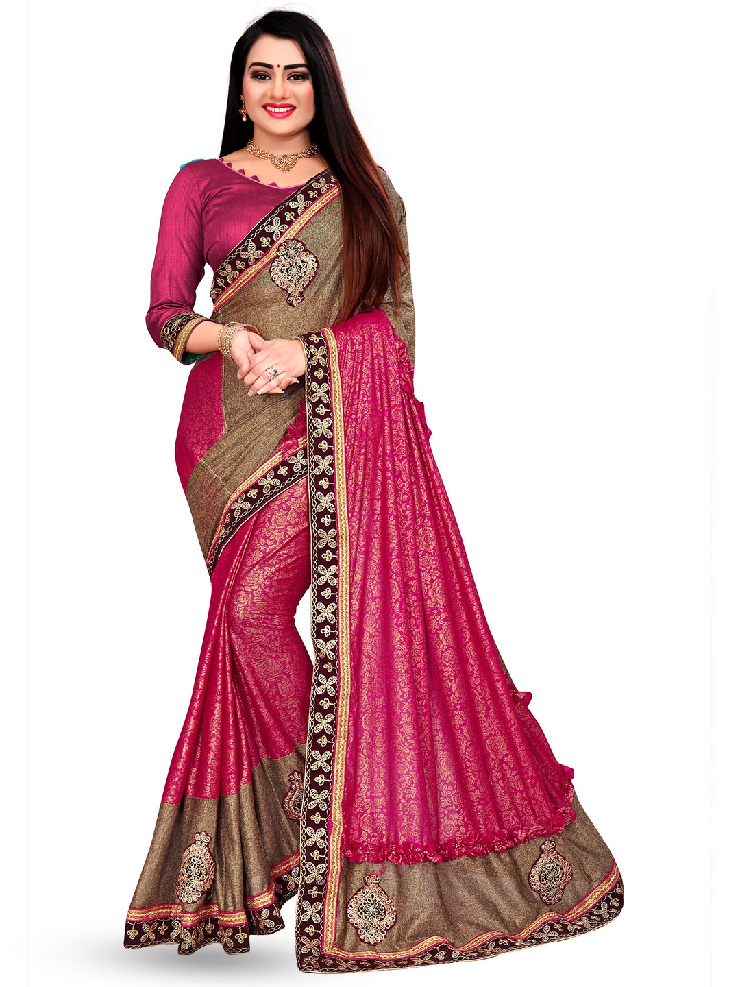 

VM TEJANI Colourblocked Patchwork Floral Printed & Embroidered Saree, Pink