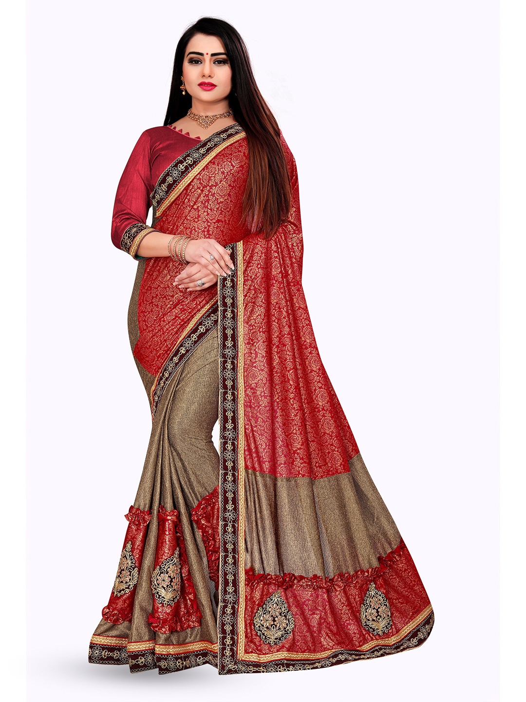 

VM TEJANI Colourblocked Patchwork Floral Printed & Embroidered Saree, Red