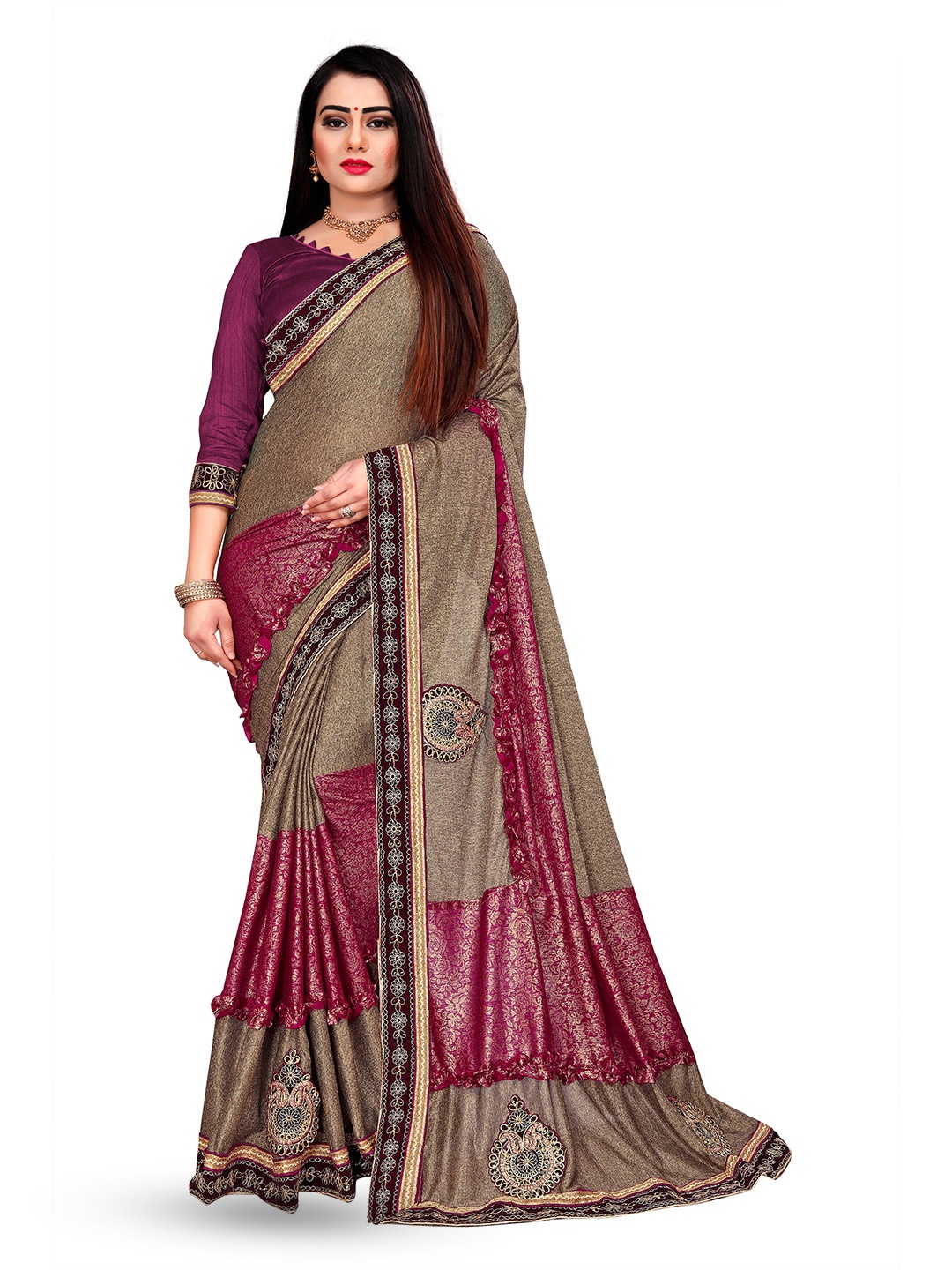 

VM TEJANI Colourblocked Patchwork Floral Printed & Embroidered Saree, Purple