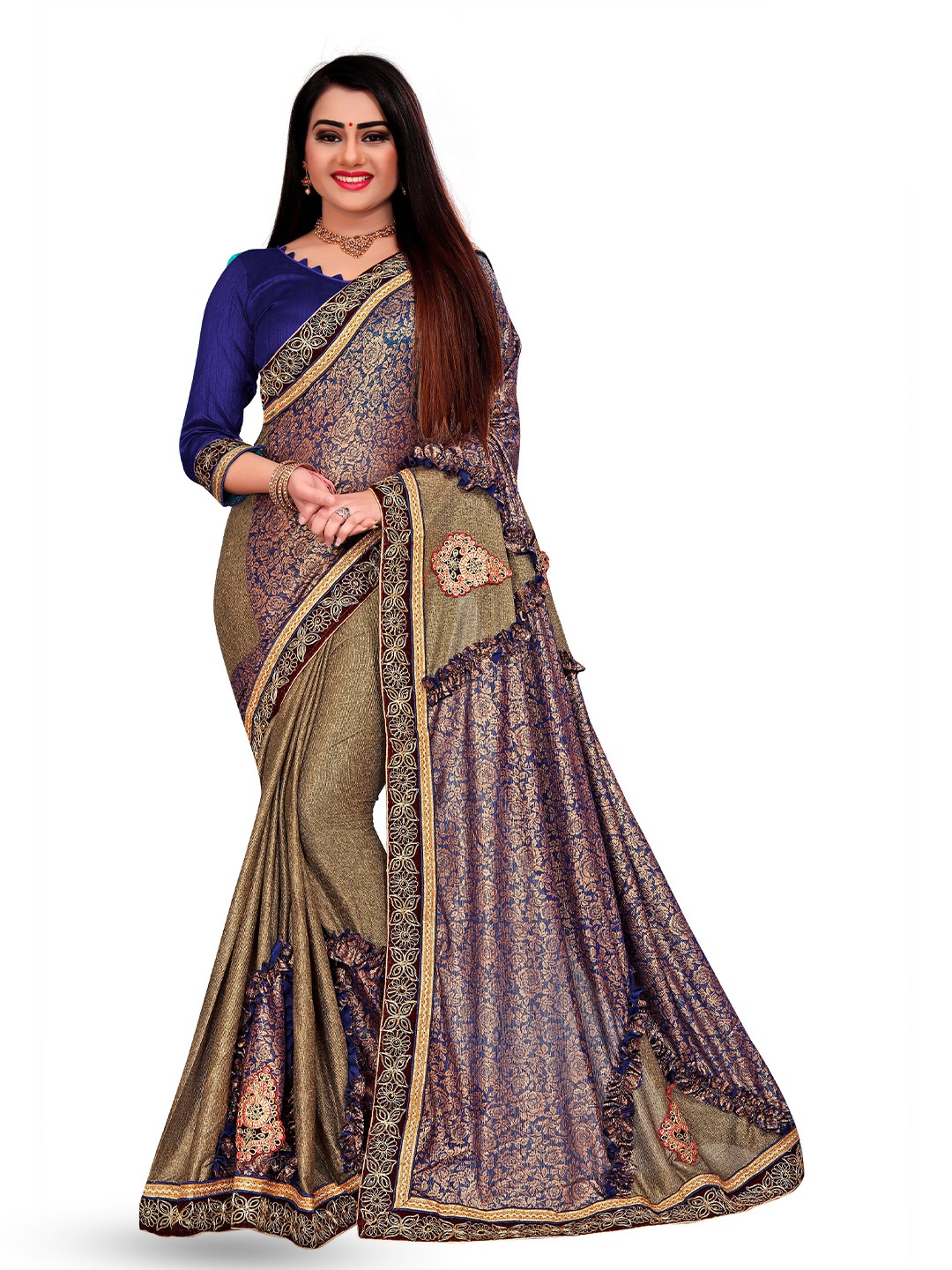 

VM TEJANI Colourblocked Patchwork Floral Printed & Embroidered Saree, Blue