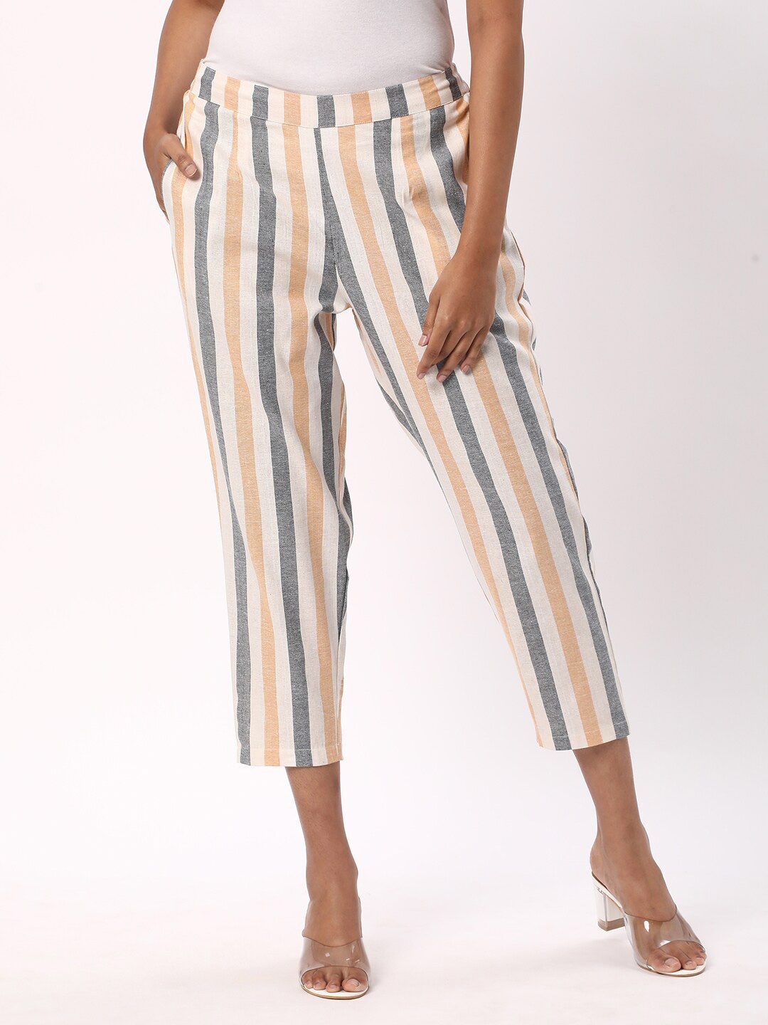 

R&B Women Striped Cotton Culottes Trousers, Yellow