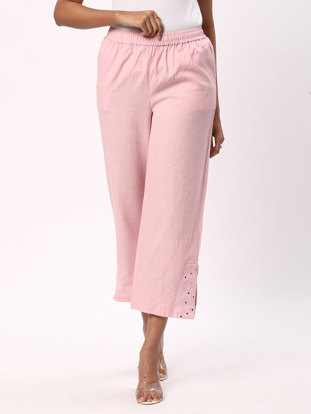 

R&B Hem Design Cropped Wide Leg Cropped Cotton Palazzos, Pink