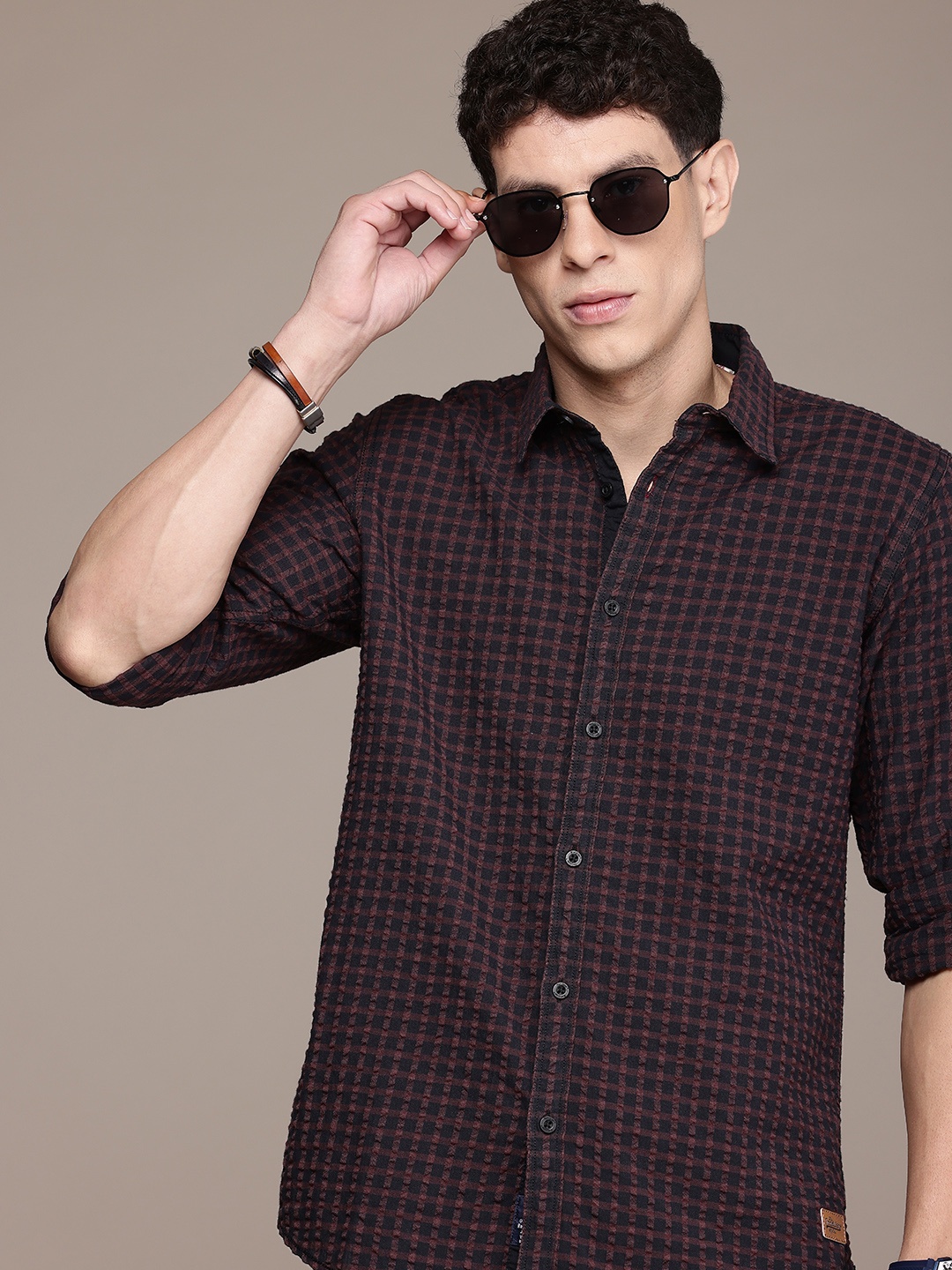 

The Roadster Life Co. Gingham Checked Pure Cotton Casual Shirt, Black