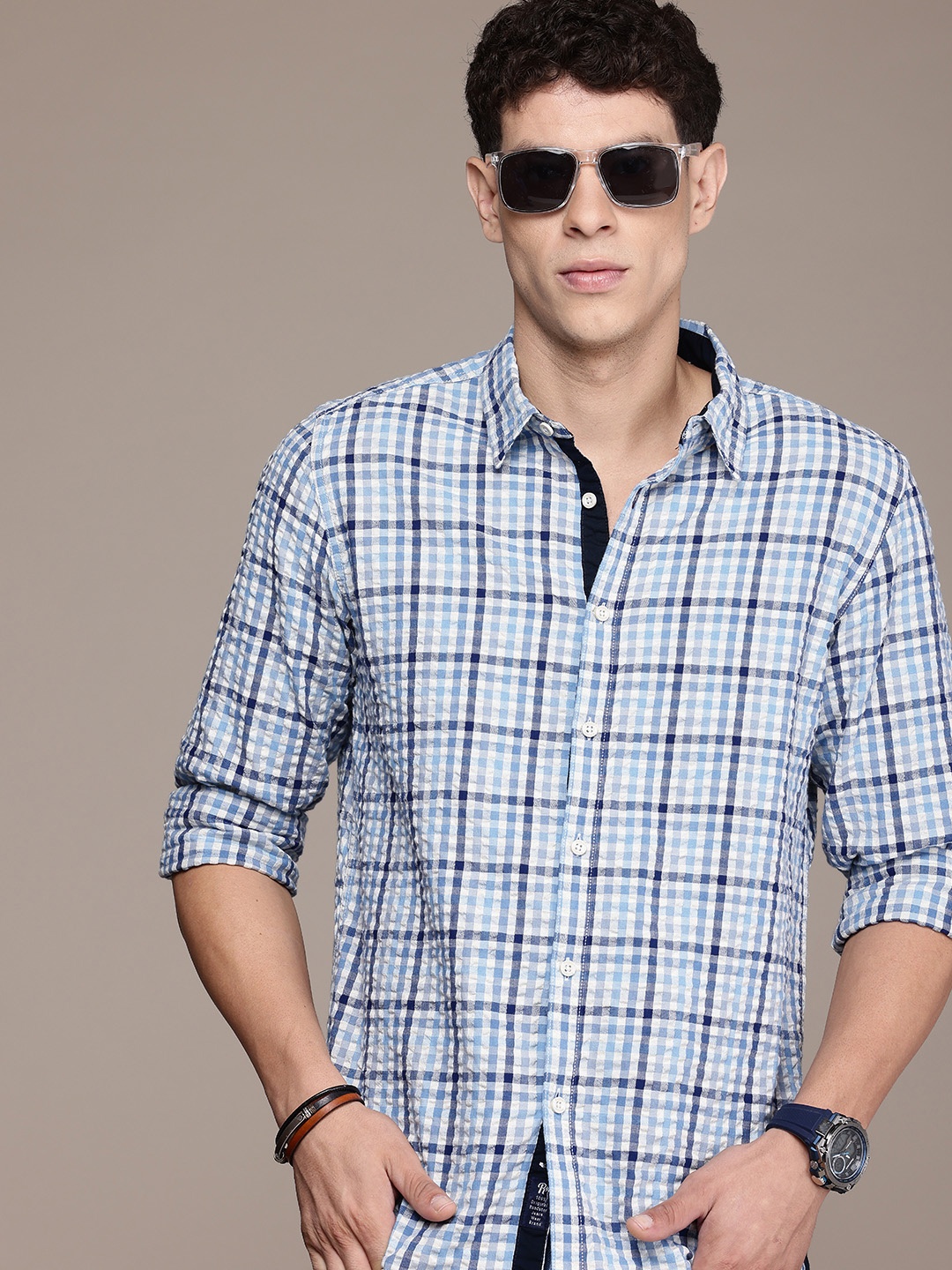 

The Roadster Life Co. Gingham Checked Pure Cotton Casual Shirt, Blue